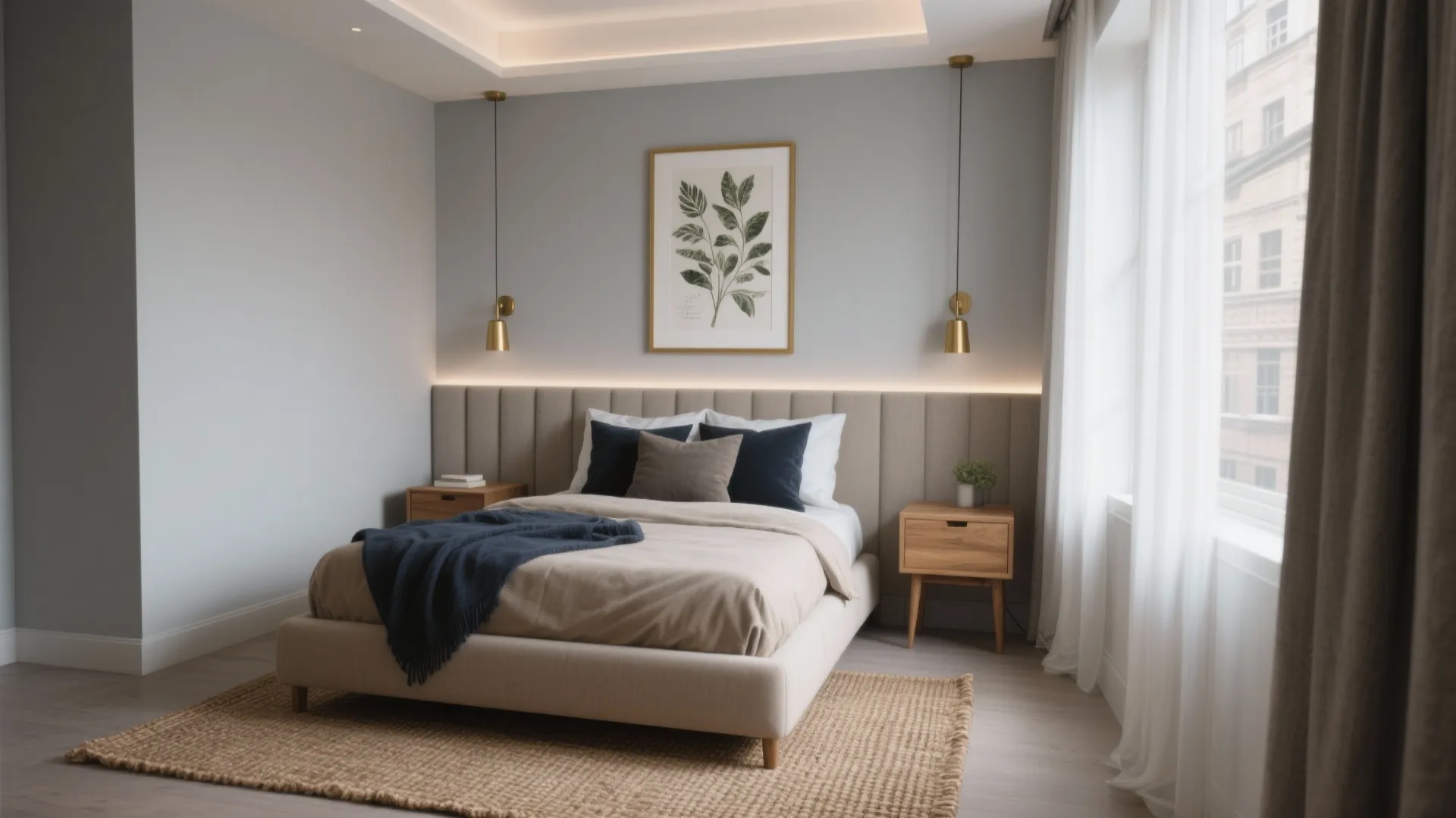 Modern pale grey bedroom with a large bed gold wall lights and a jute rug