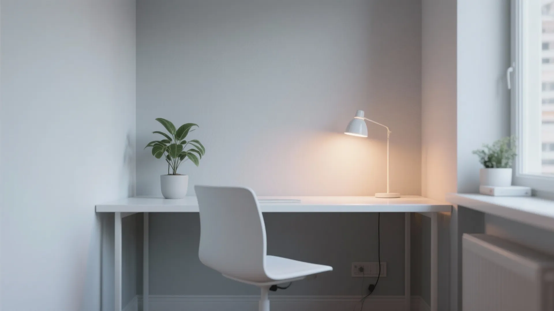 Minimalist white home office corner featuring desk chair lamp potted plant and light grey wall