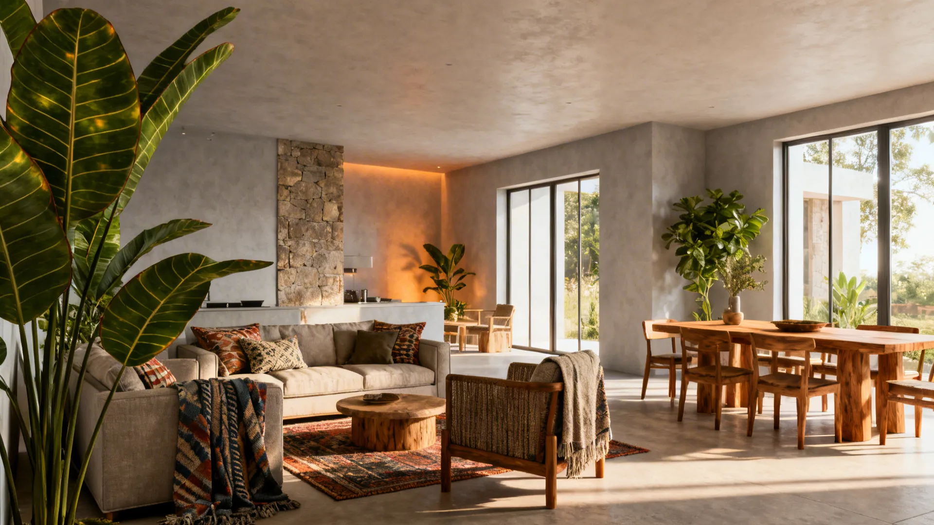 Open-plan living area in pale grey with warm undertones, plants and layered textiles.