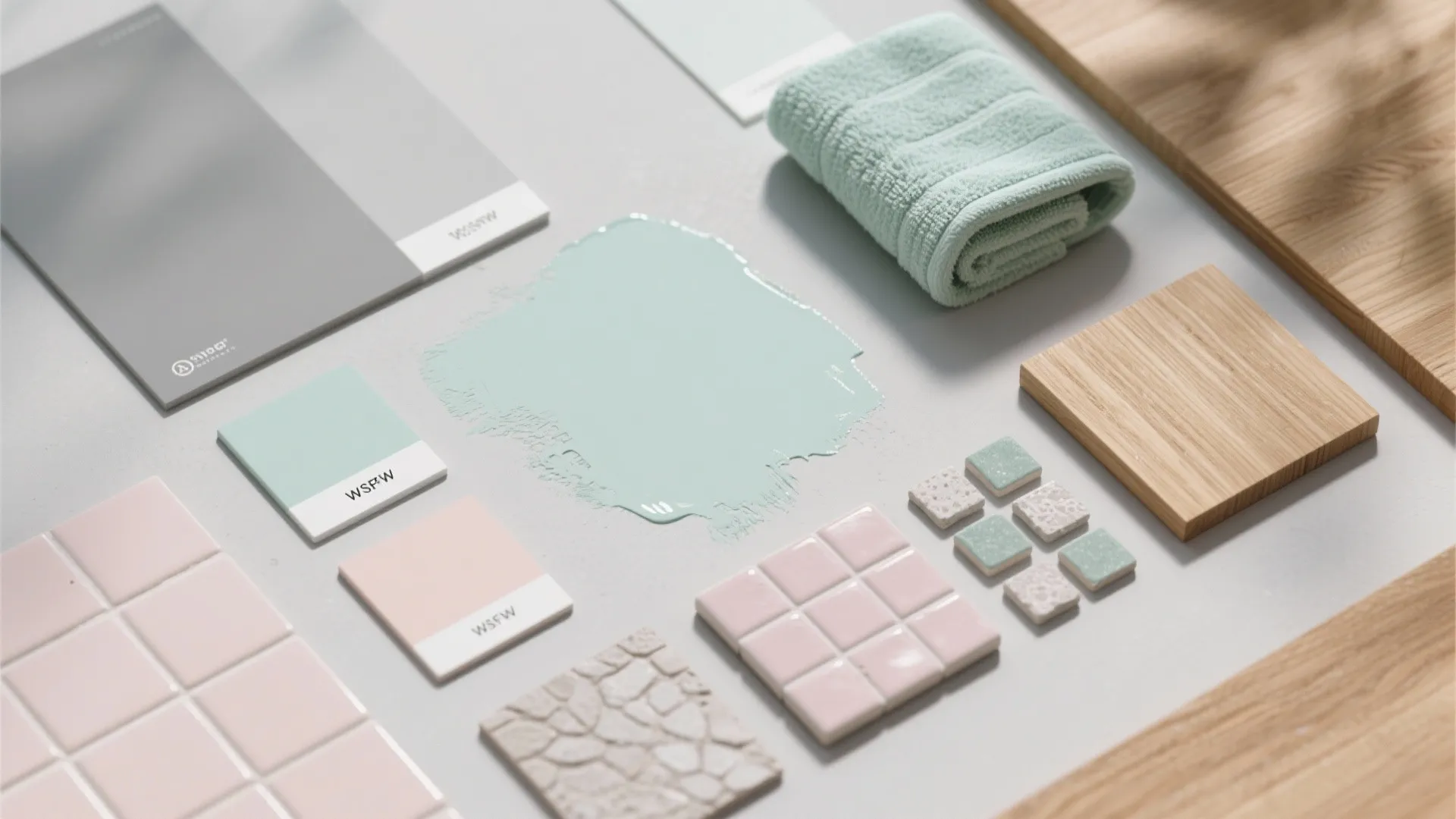 Interior design mood board with pink tiles green towel wood samples and light blue paint