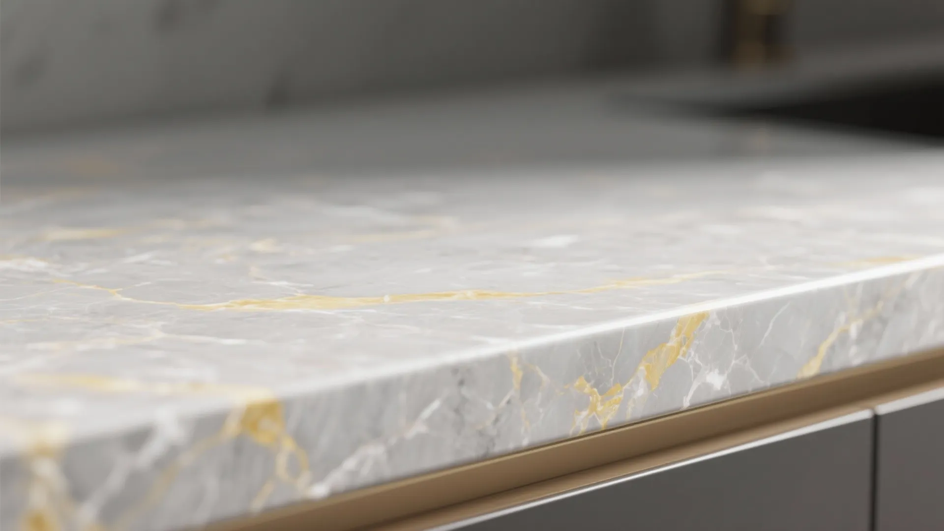 Close up of a grey marble kitchen countertop featuring natural yellow veins above dark grey cabinets