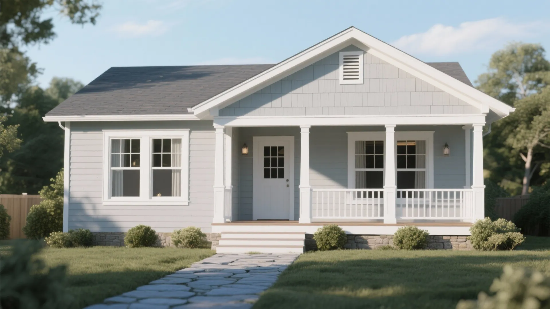 Modern light blue house with a white front porch stone path green grass and sky
