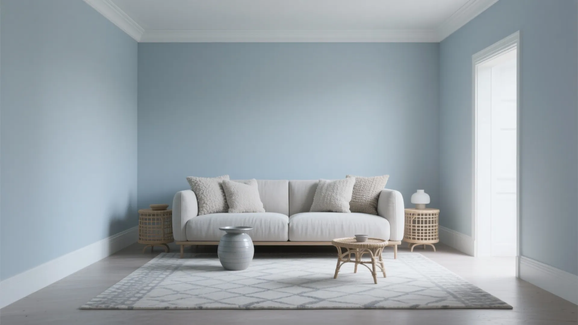 Minimalist living room with light blue walls, white sofa, patterned rug, and small wooden tables