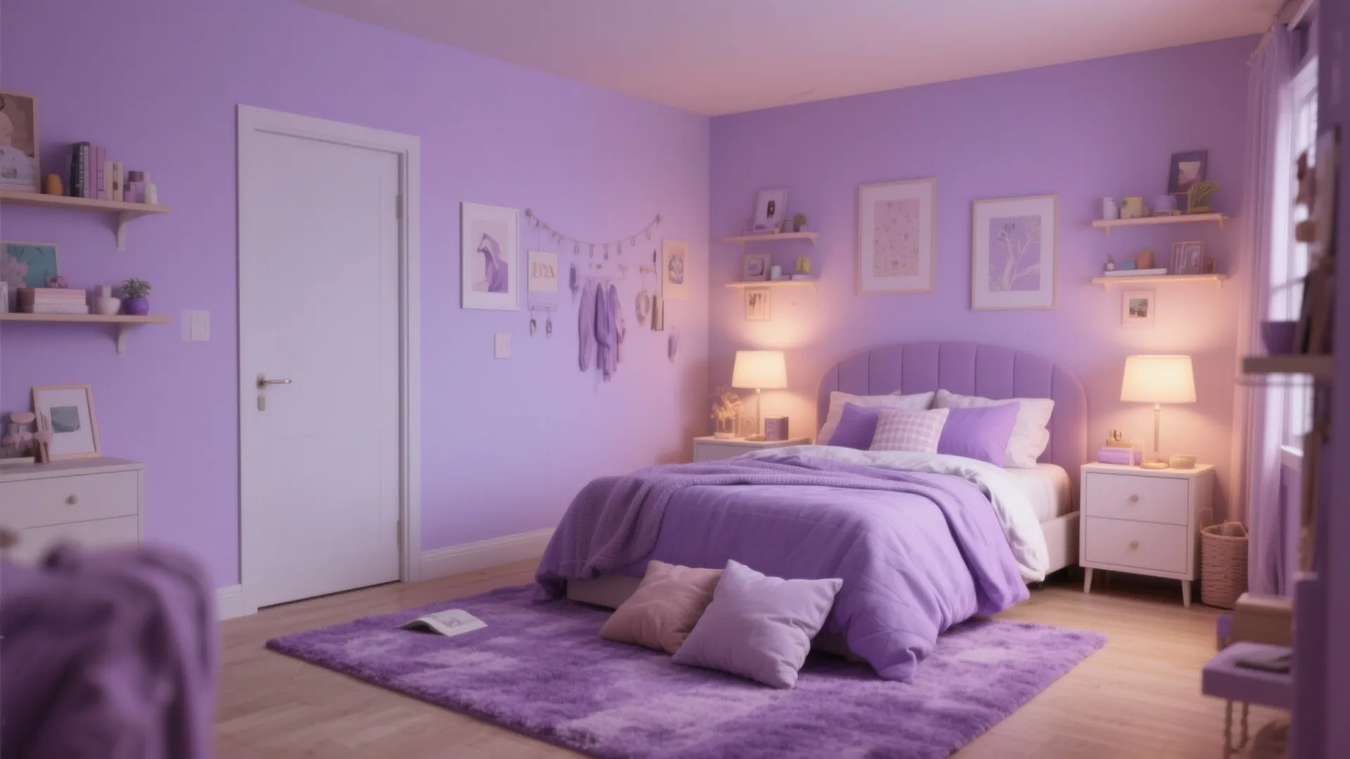 Pale lavender bedroom with warm neutral accents and dimmable lighting for a subtle mood lift