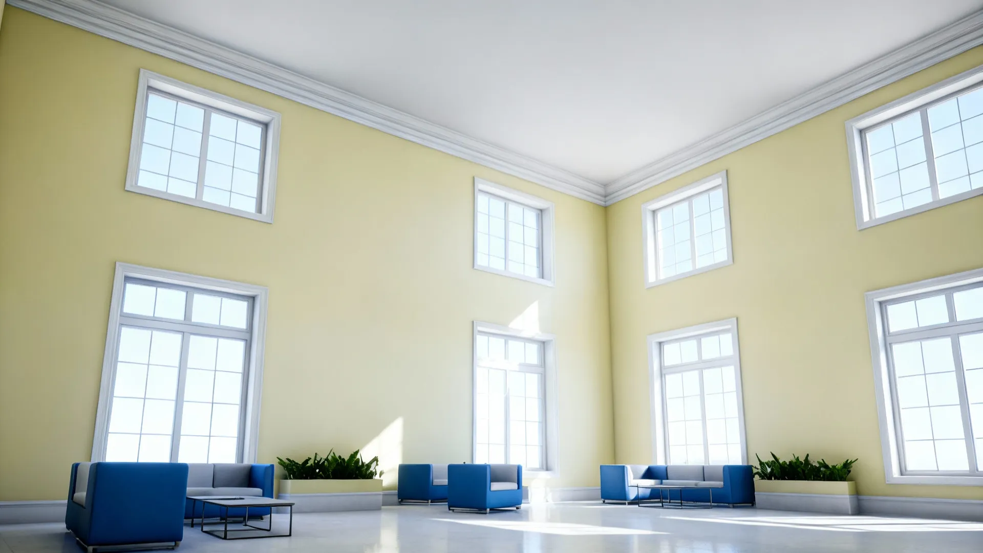 Airy studio living room with pale lemon walls, white trim and bright natural light creating a breezy feel.