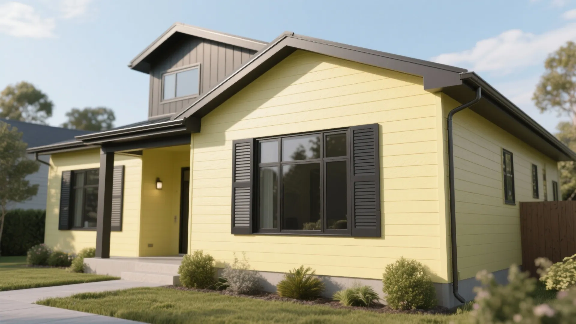 Modern house with pale lemon siding and deep charcoal shutters and metal accents in soft daylight.