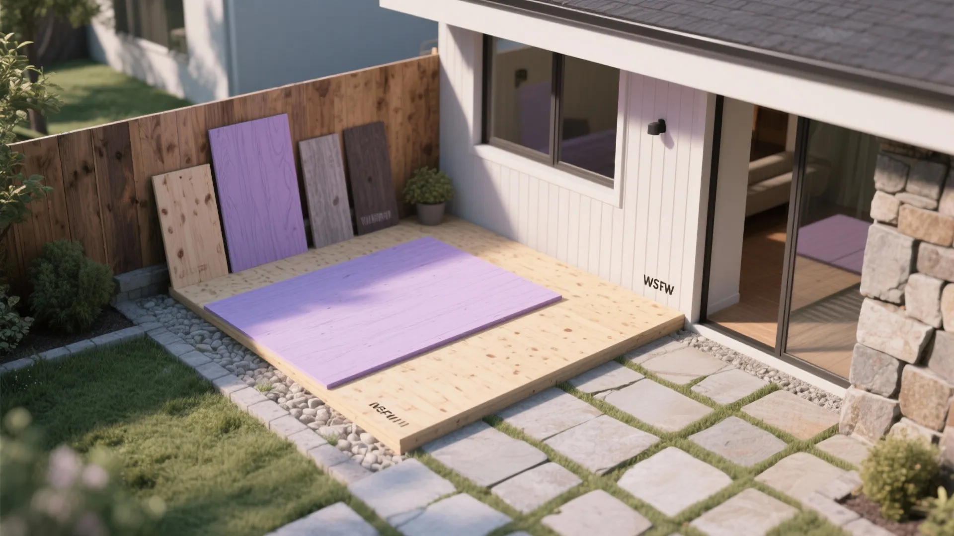 Modern backyard patio with purple wooden panels on a light wood deck and stone walkway