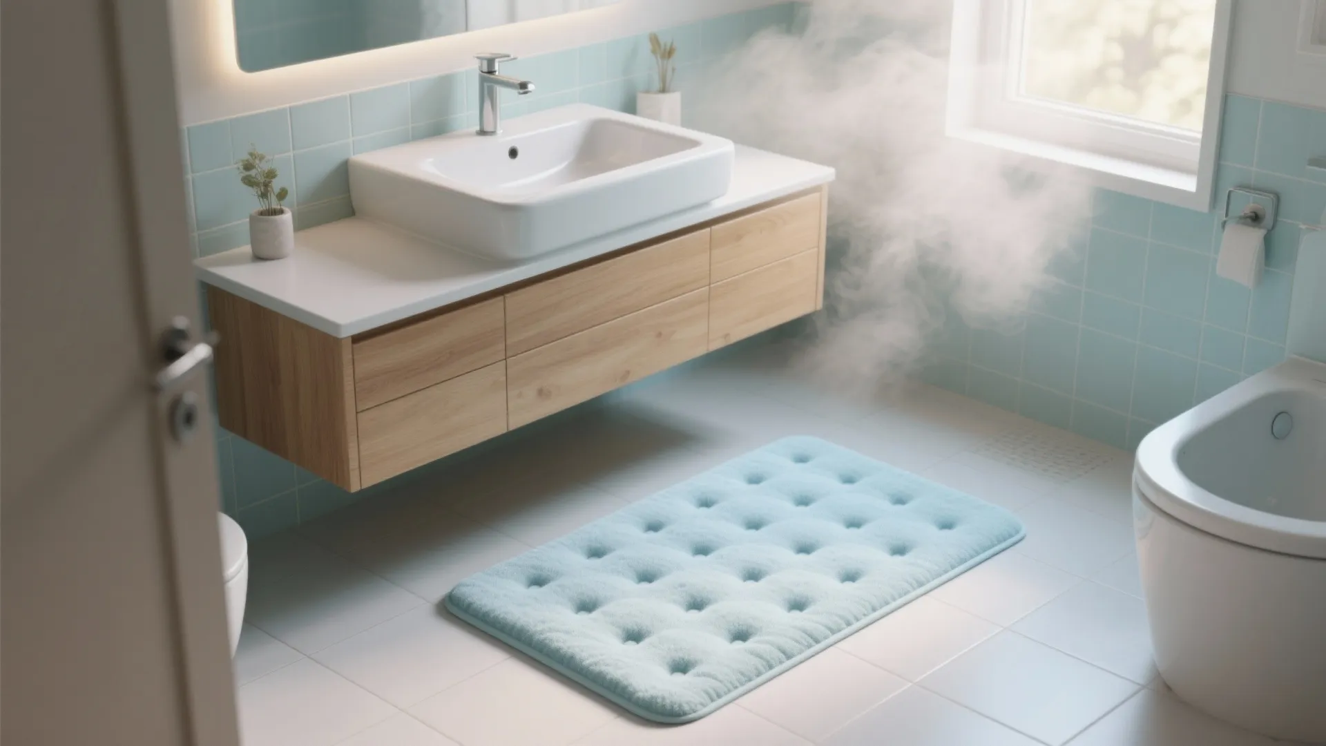 Pale blue memory foam bath mat in a spa-like ensuite in front of a wooden vanity.