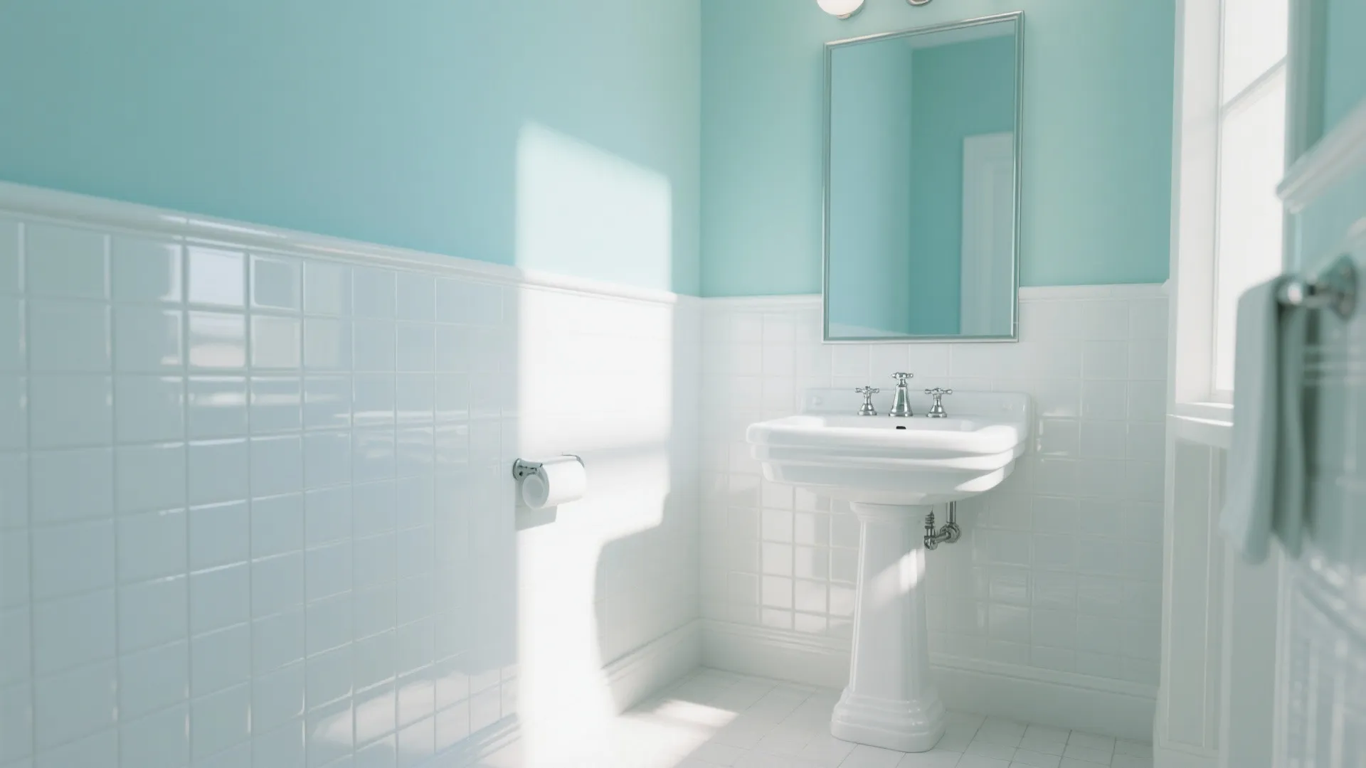 Bright bathroom with light blue walls white wall panel tiles pedestal sink mirror and window