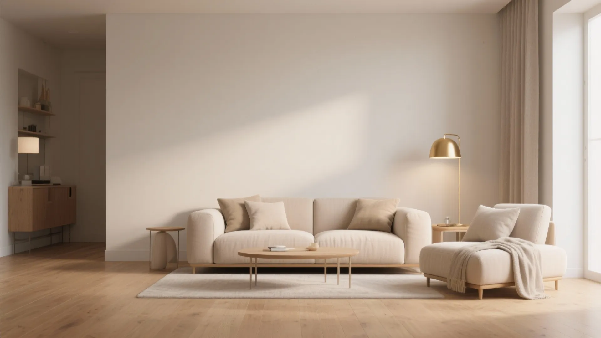 Minimalist beige living room with white sofa round wooden table golden floor lamp and rug