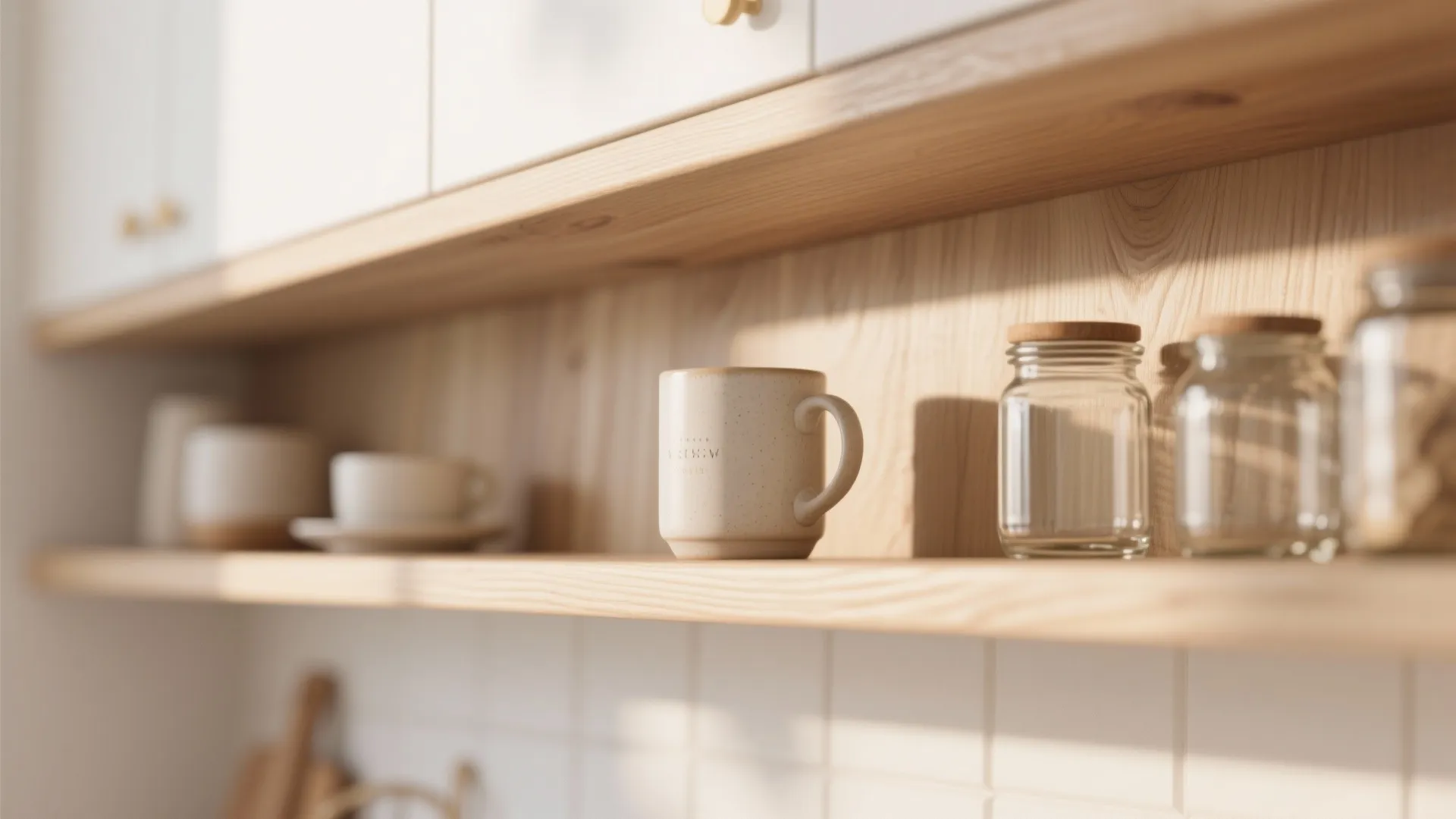 Close up view of light wood kitchen shelves holding a ceramic mug and glass jars