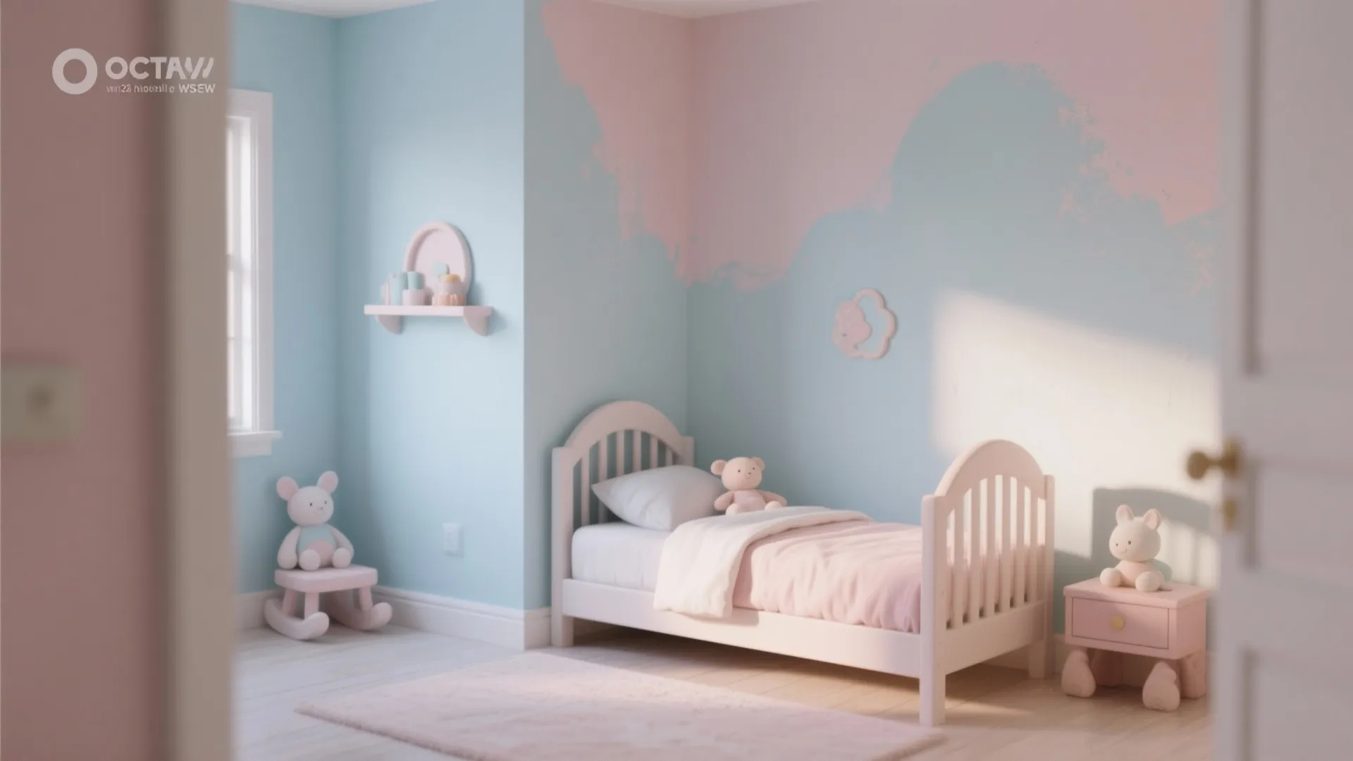 Kids bedroom with light blue and pink walls white wooden bed and cute teddy bears