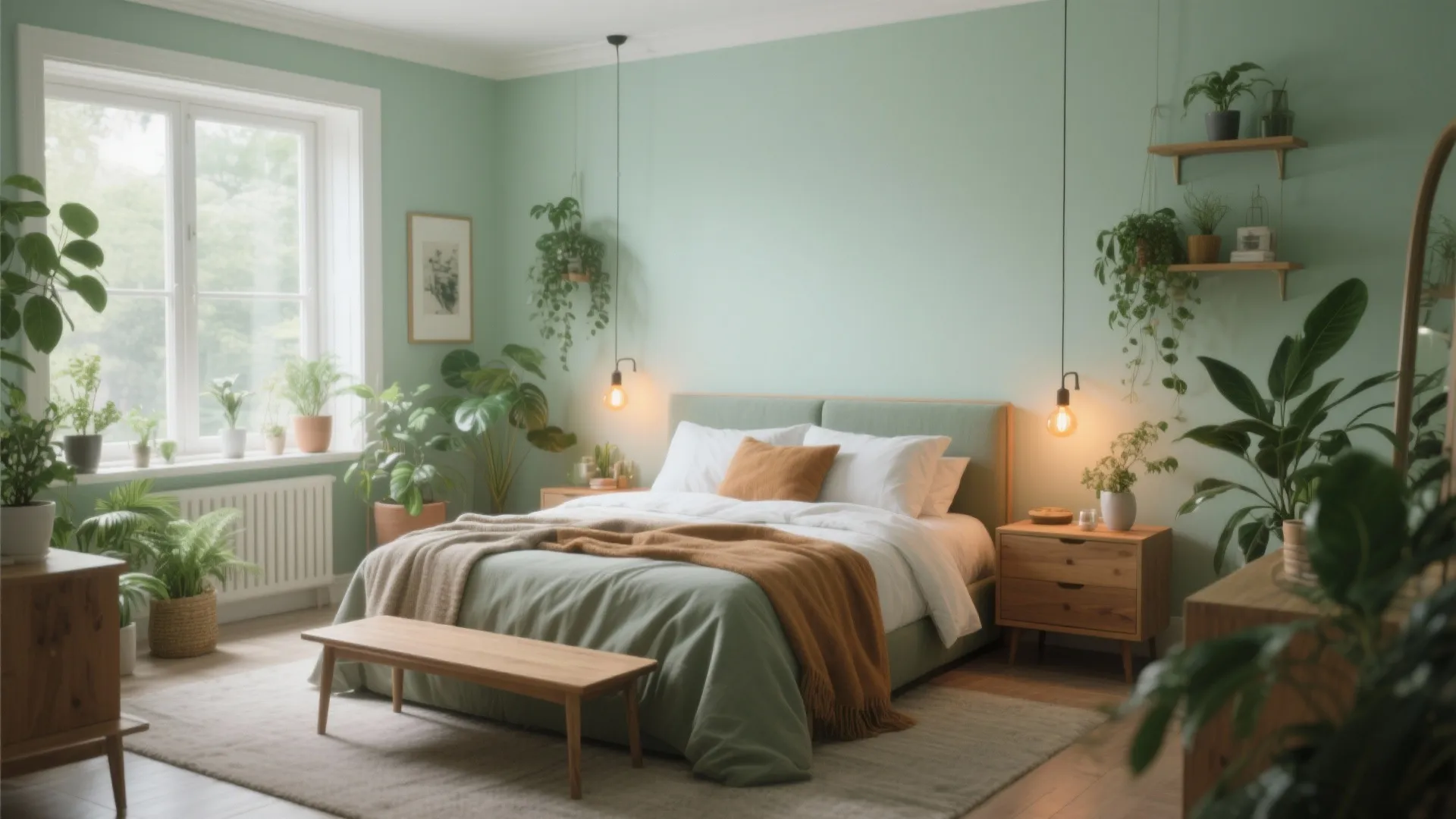 Mint green bedroom with wooden bed frame plus many green potted plants and natural light
