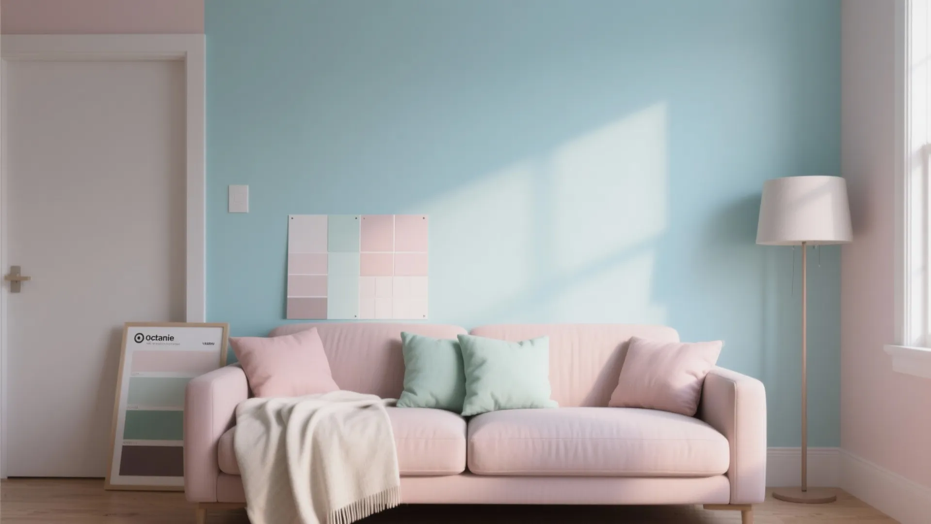 Light blue wall in living room with pink sofa pastel cushions floor lamp and color samples