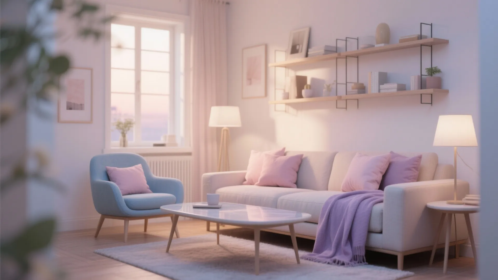 Cozy living room with pastel pink pillows purple blanket blue armchair white sofa and shelves