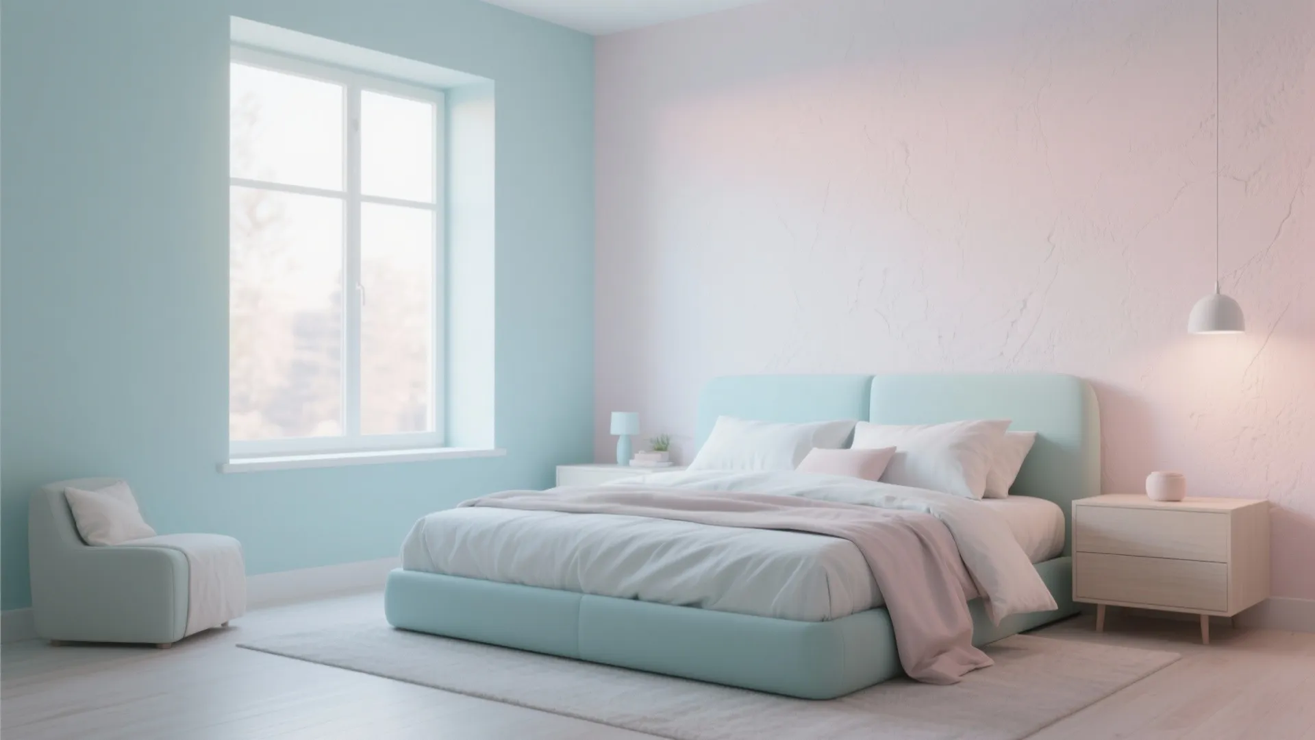Pastel blue and pink bedroom with a soft bed side table windows and small chair