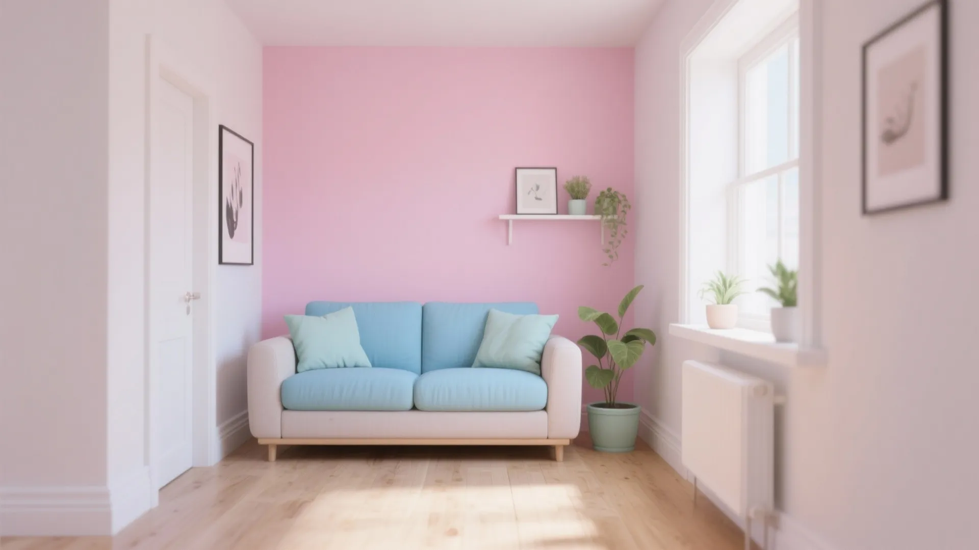 Small room with pink accent wall blue sofa green plants wooden floor and white door