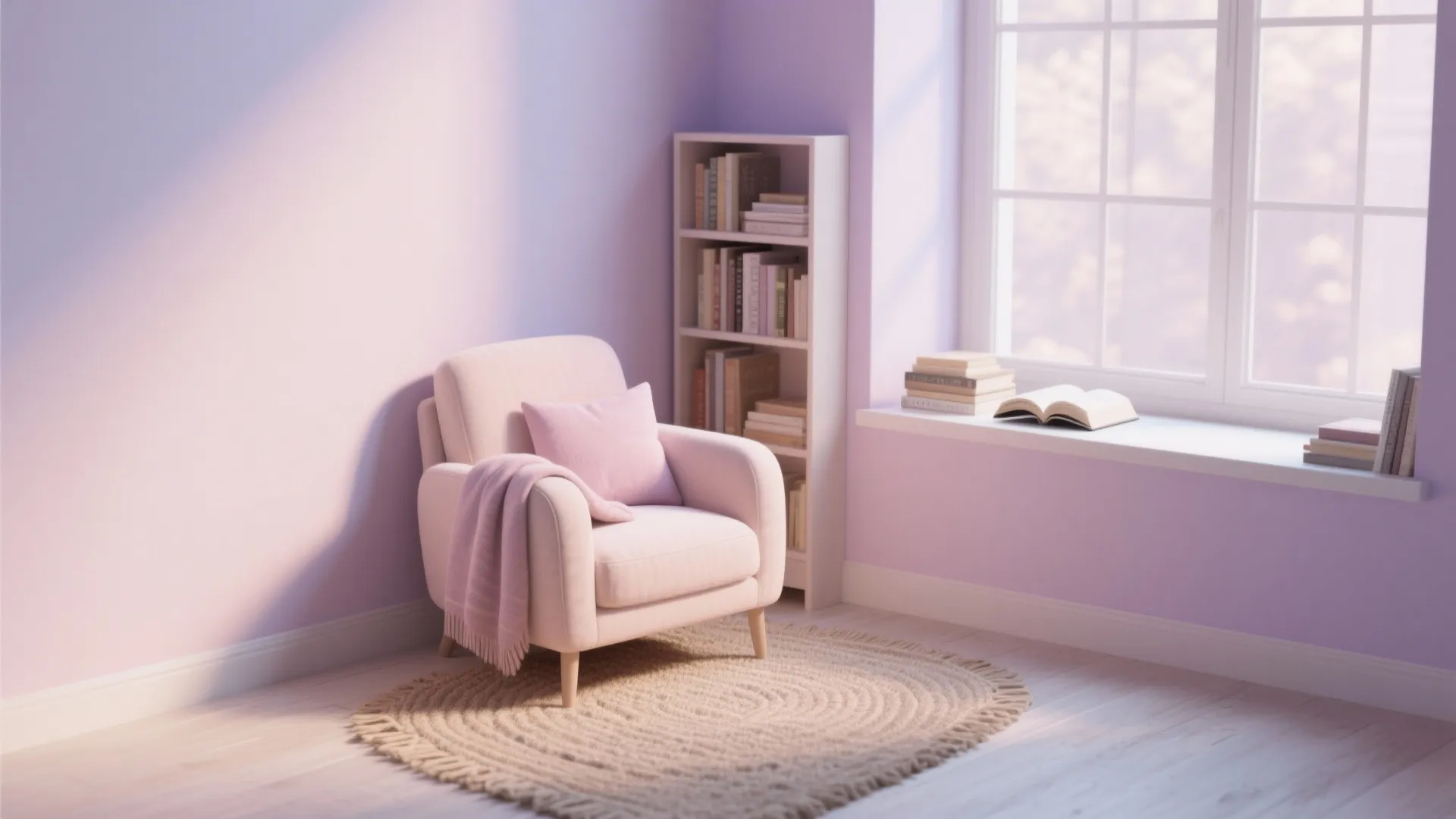 Cozy reading nook in pale pastel blush and lavender that reads neutral at a glance