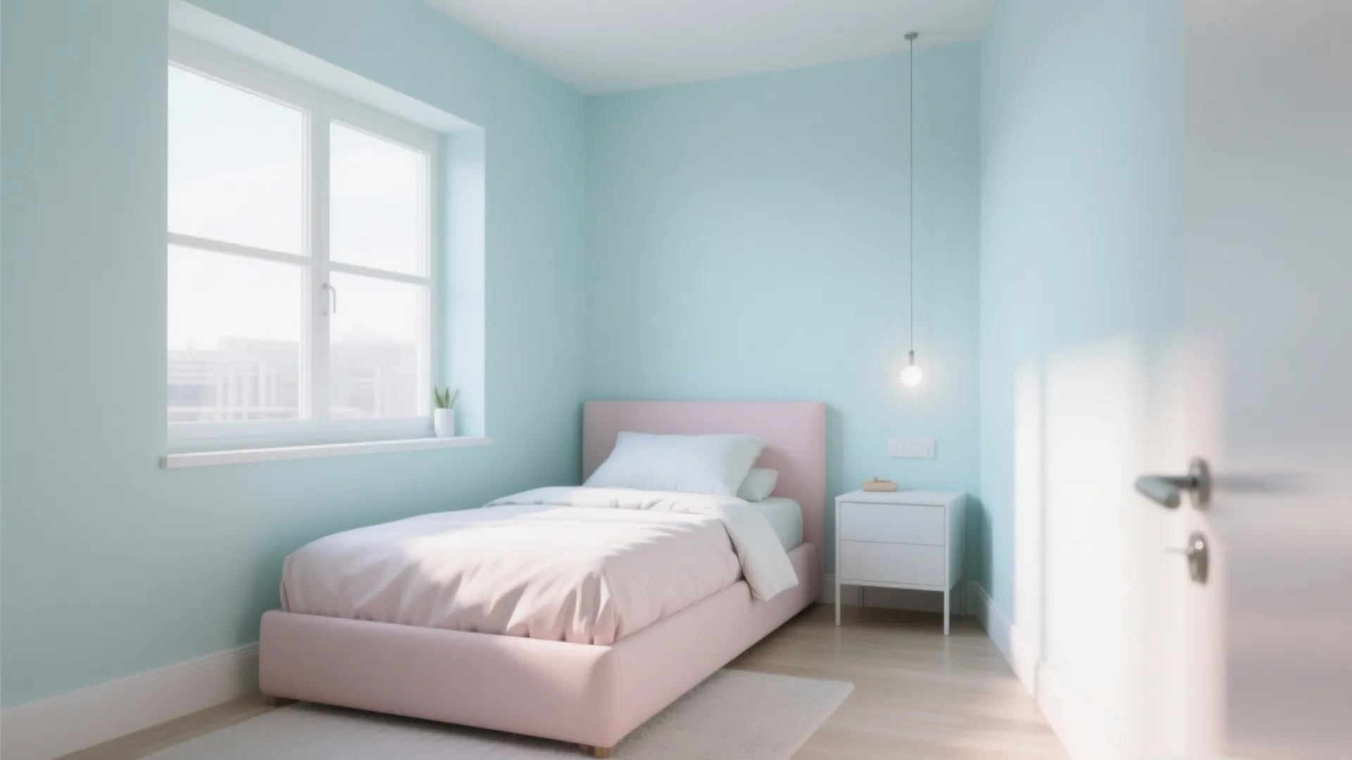 Small bedroom with blue walls and pink bed plus white nightstand near a bright window