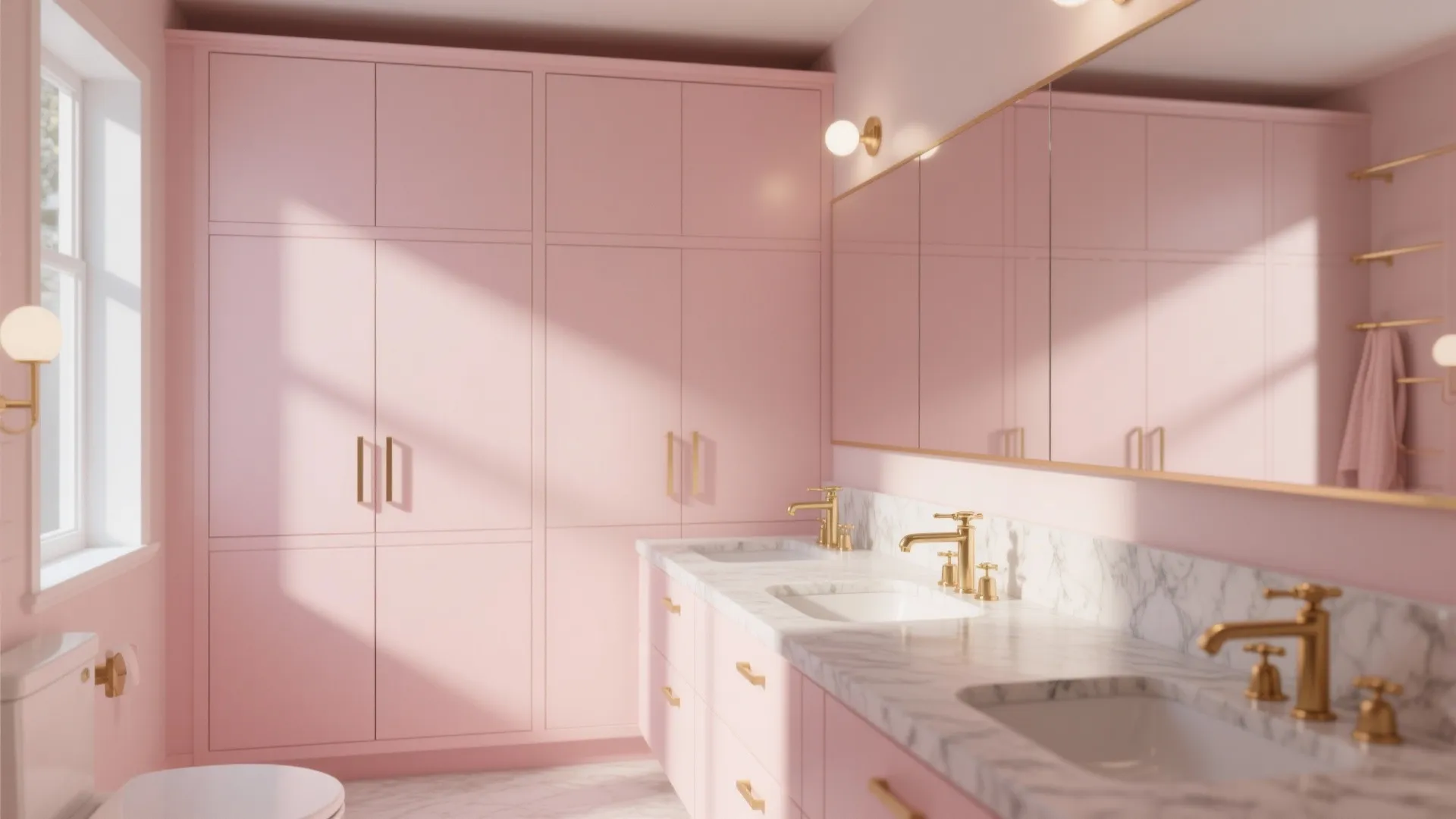 Pale pink bathroom cabinets with gold fixtures