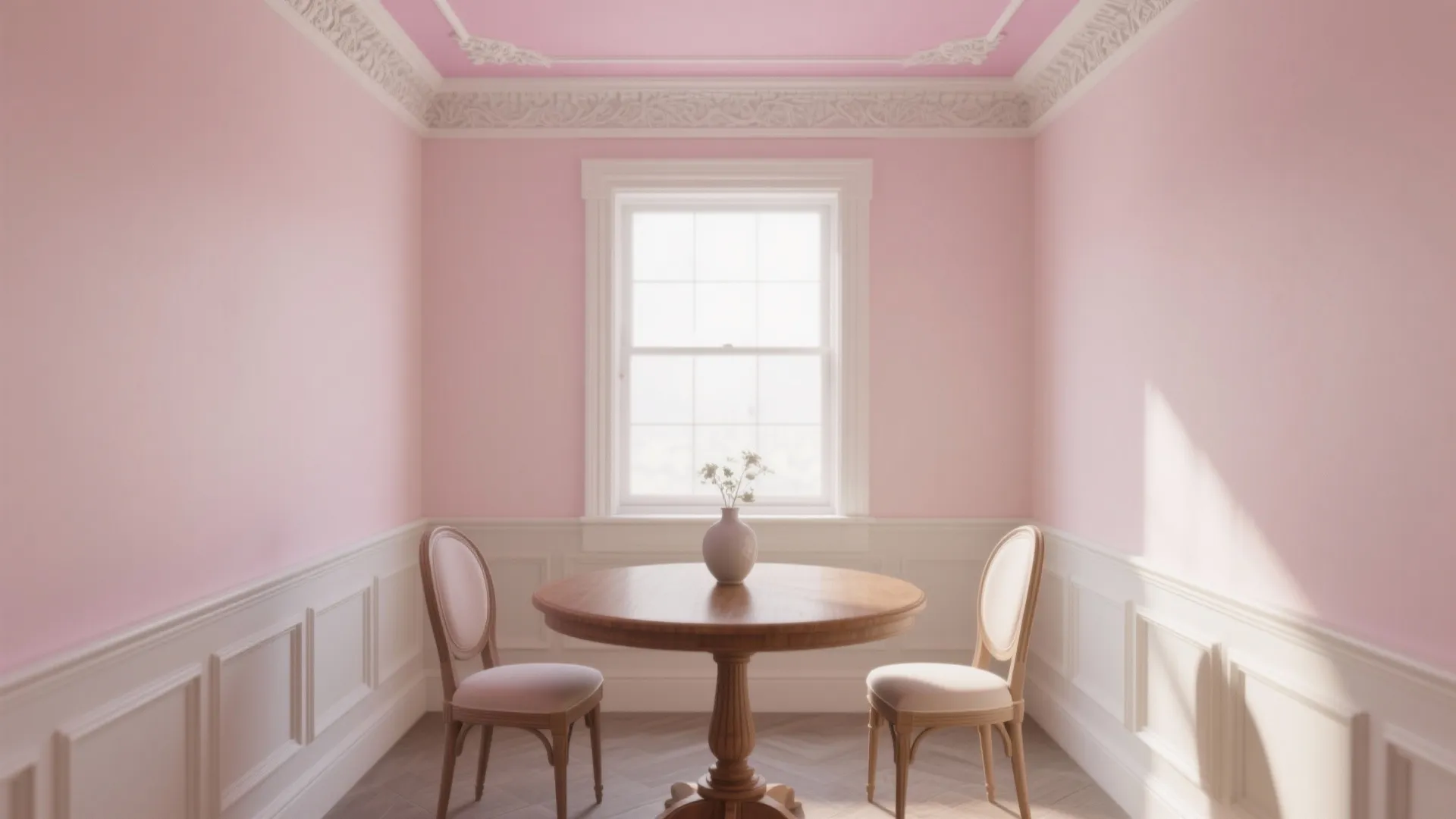 Dining room with pink walls, white wall panel, round wooden table, two chairs, and window