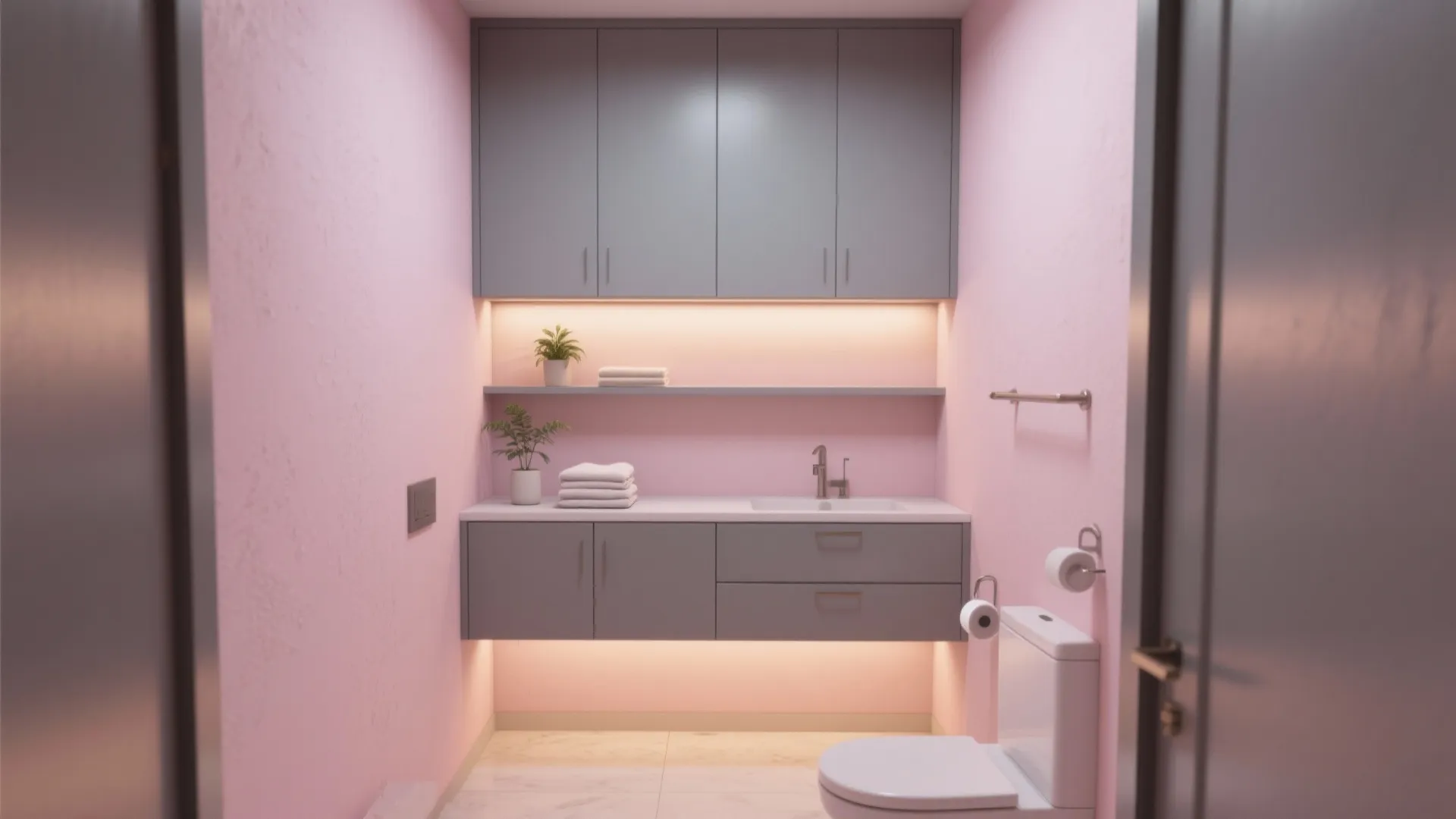 4. Pale Pink Paint with Grey Storage Solutions