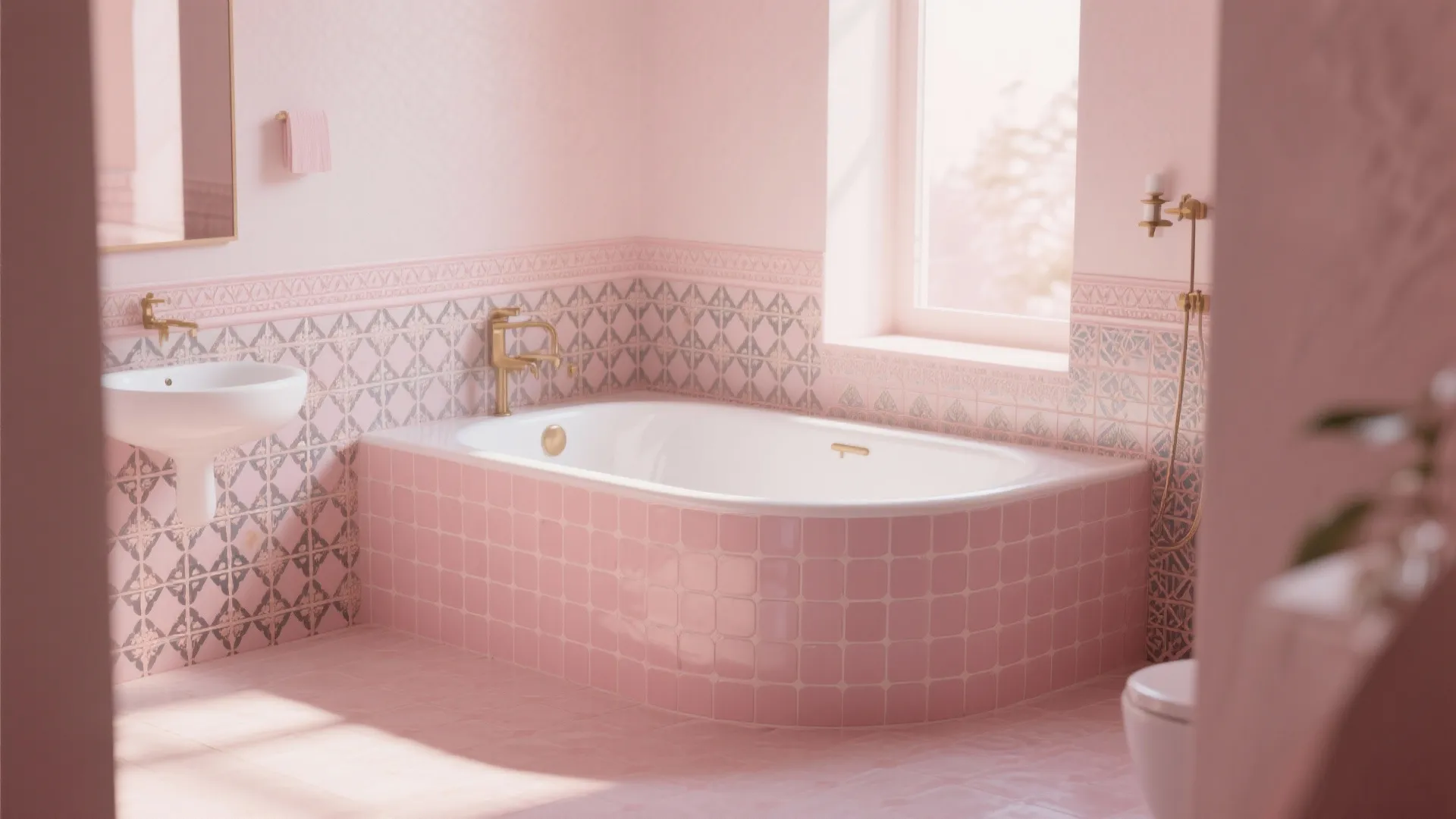 Pink bathroom featuring a bathtub with square tiles gold faucet white sink and patterned tiles