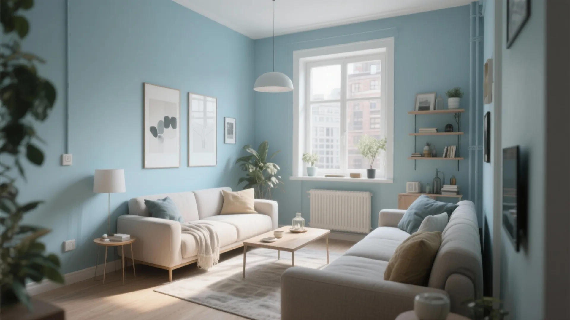 Small apartment living room with pale powder blue walls