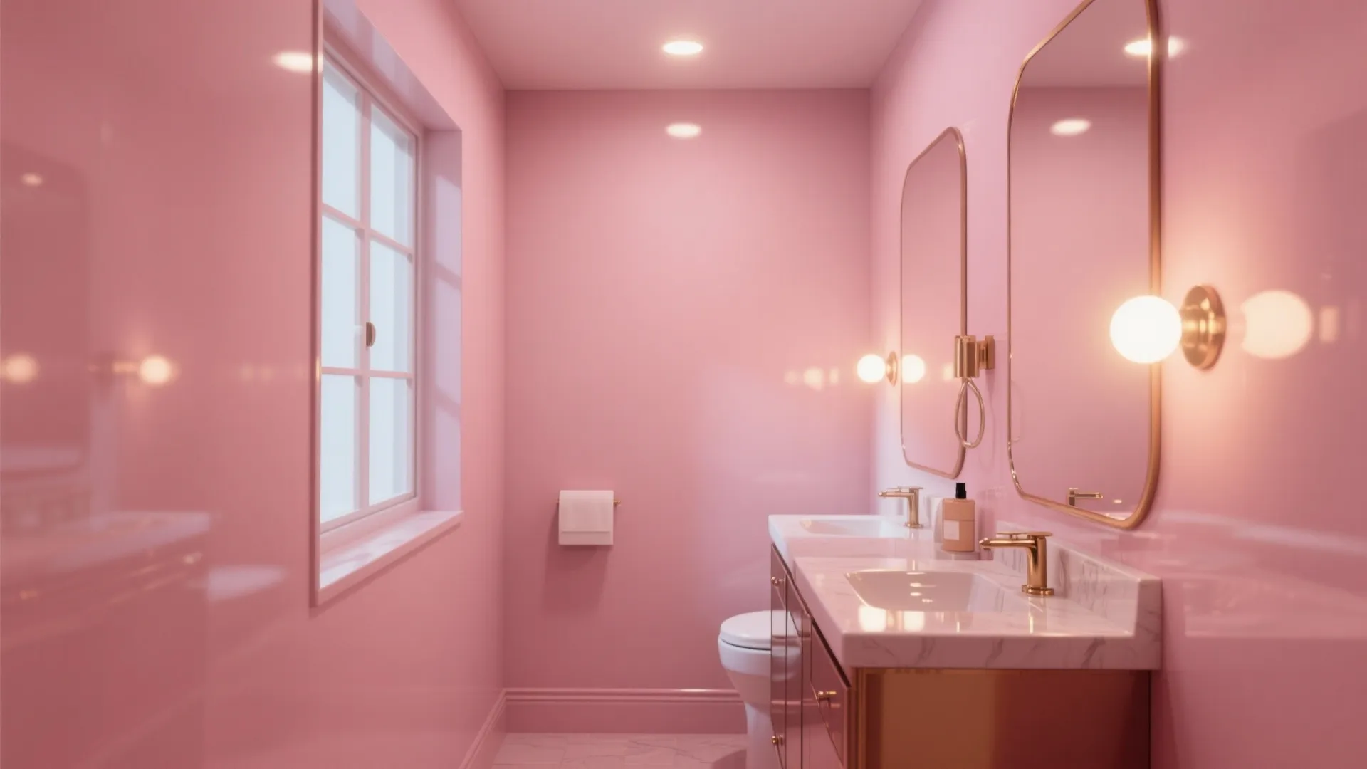 Windowless powder room with pale rose high-gloss walls reflecting warm light