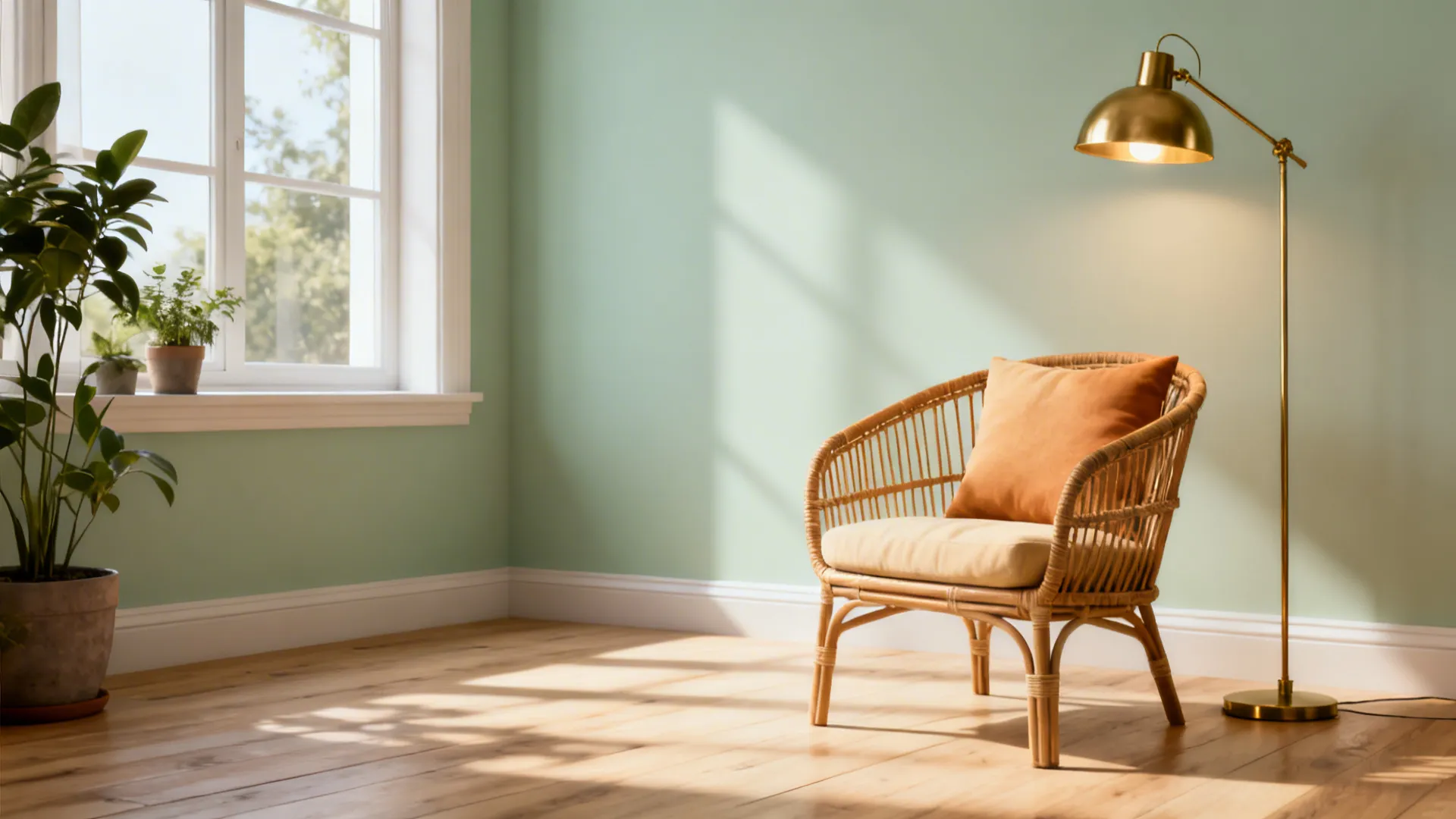 Tiny living room painted pale sage with wooden floor, rattan chair and warm brass lamp under daylight.