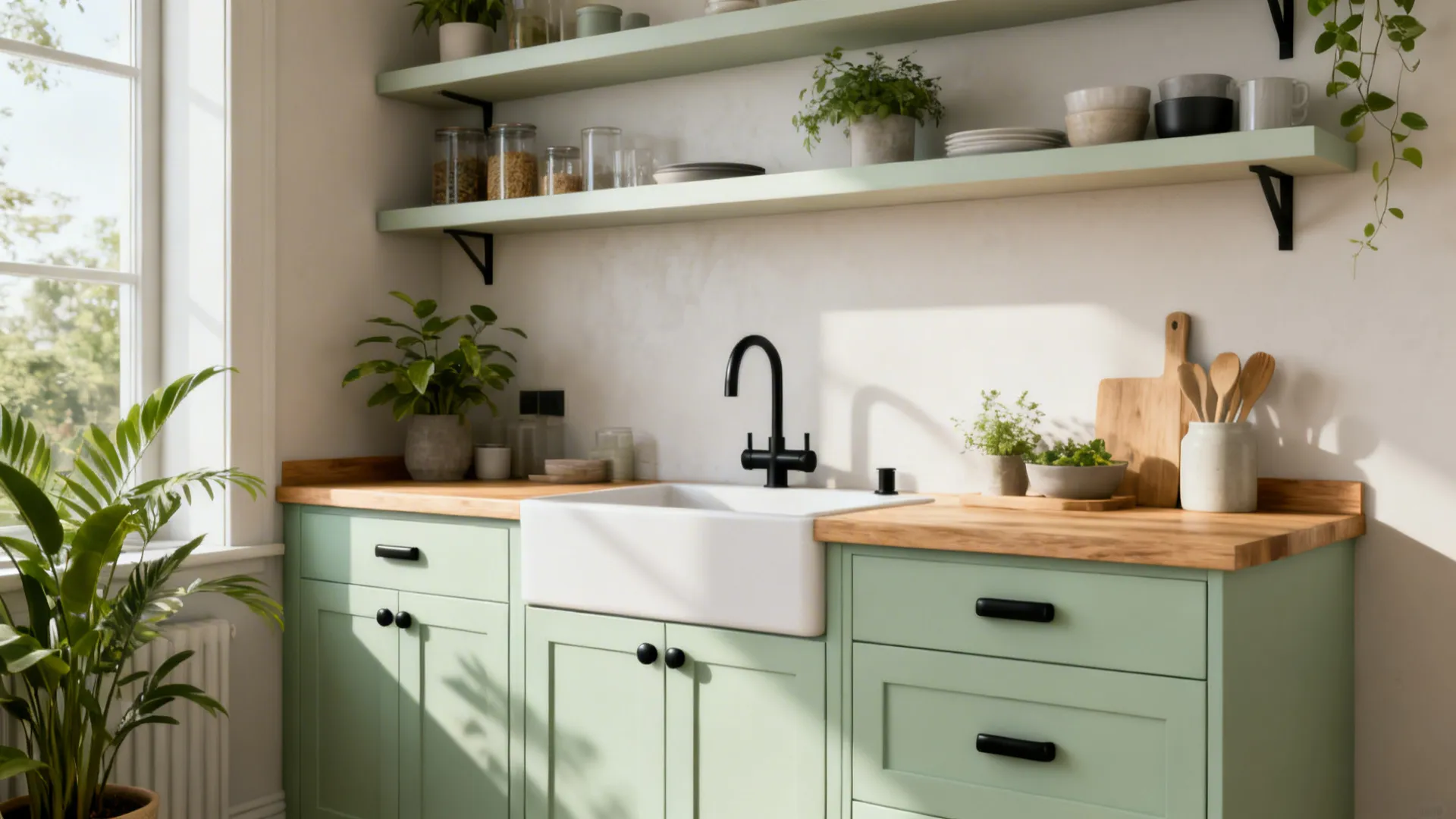 Small kitchen with pale sage lower cabinets, wood counters, and plants