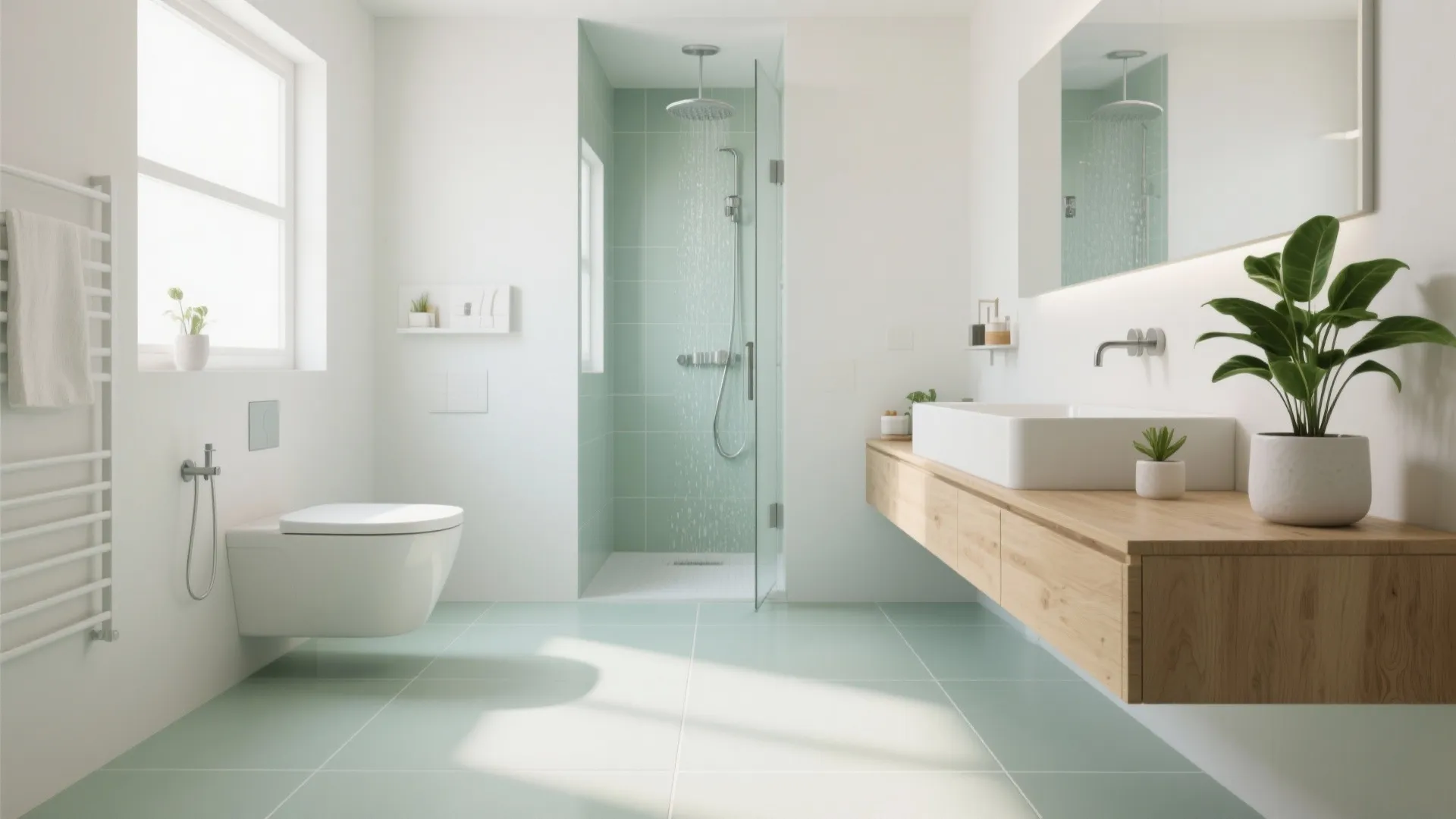 3. Pale sage large-format tiles for a seamless look