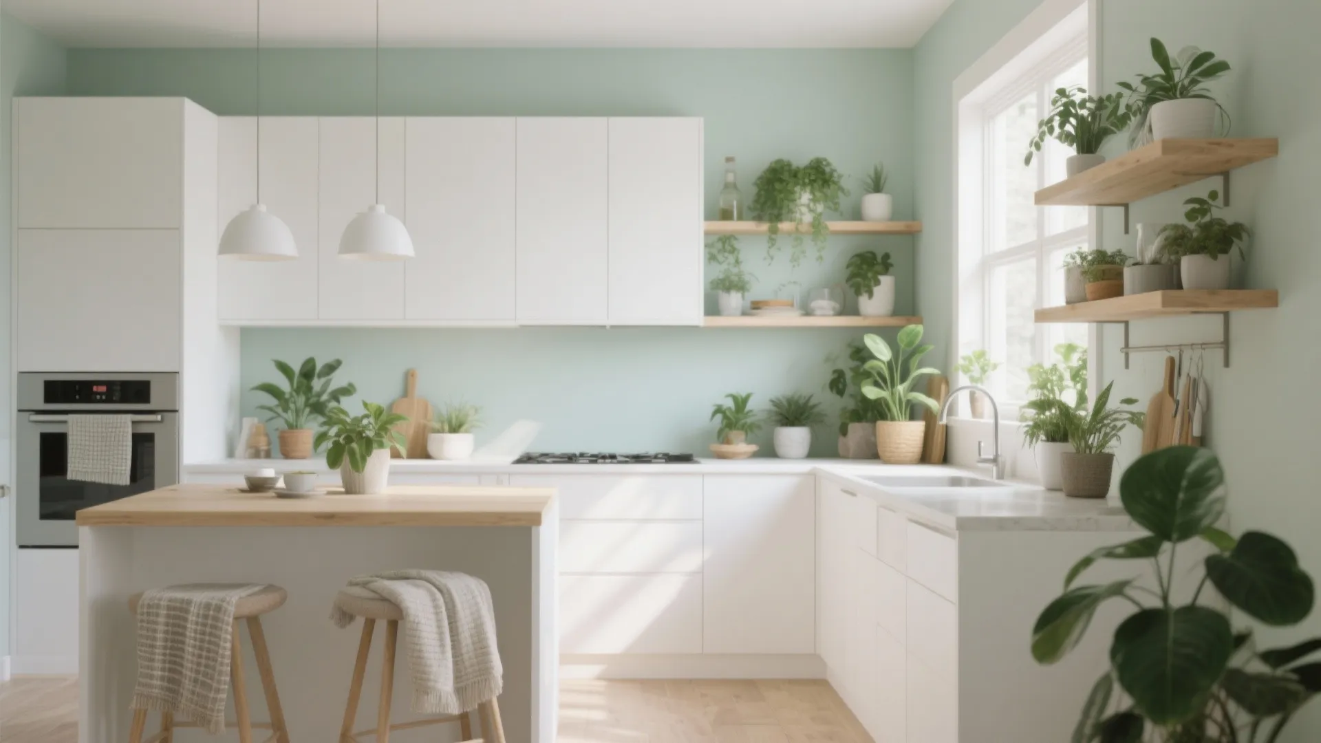 Pale sage green kitchen with white cabinets wooden shelves green plants and a white island