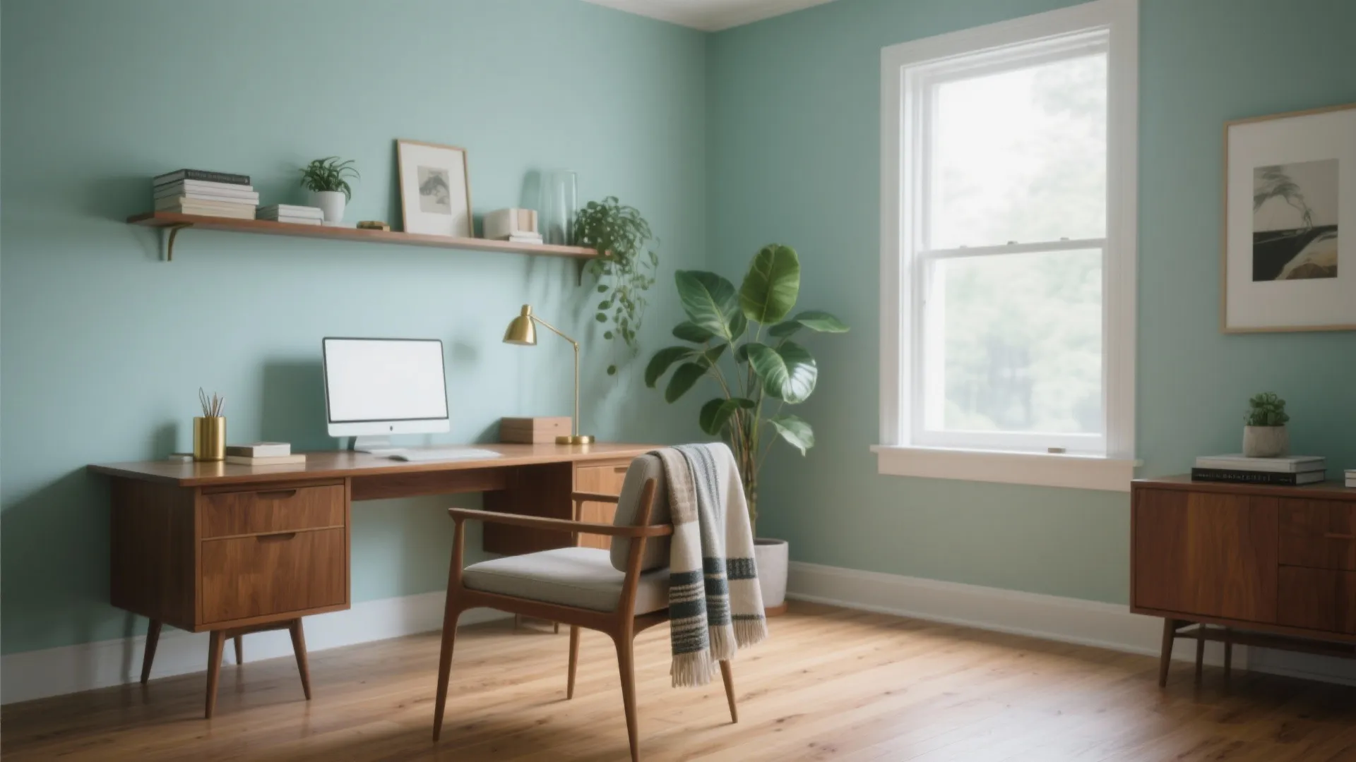 Modern home office with light green walls wooden desk computer chair large plant and window
