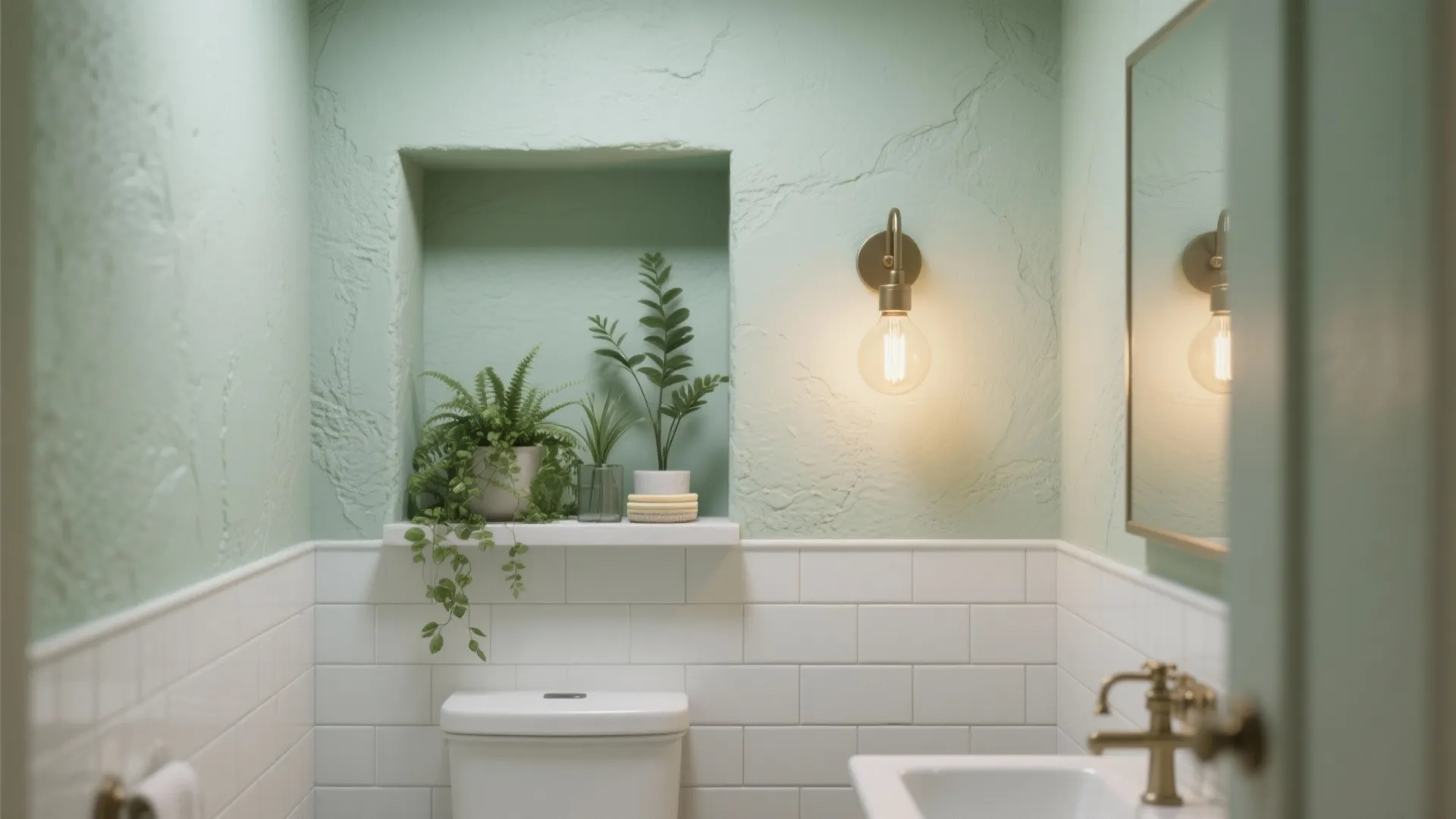 Small bathroom featuring pale green walls white tiles wall light plants and a white sink