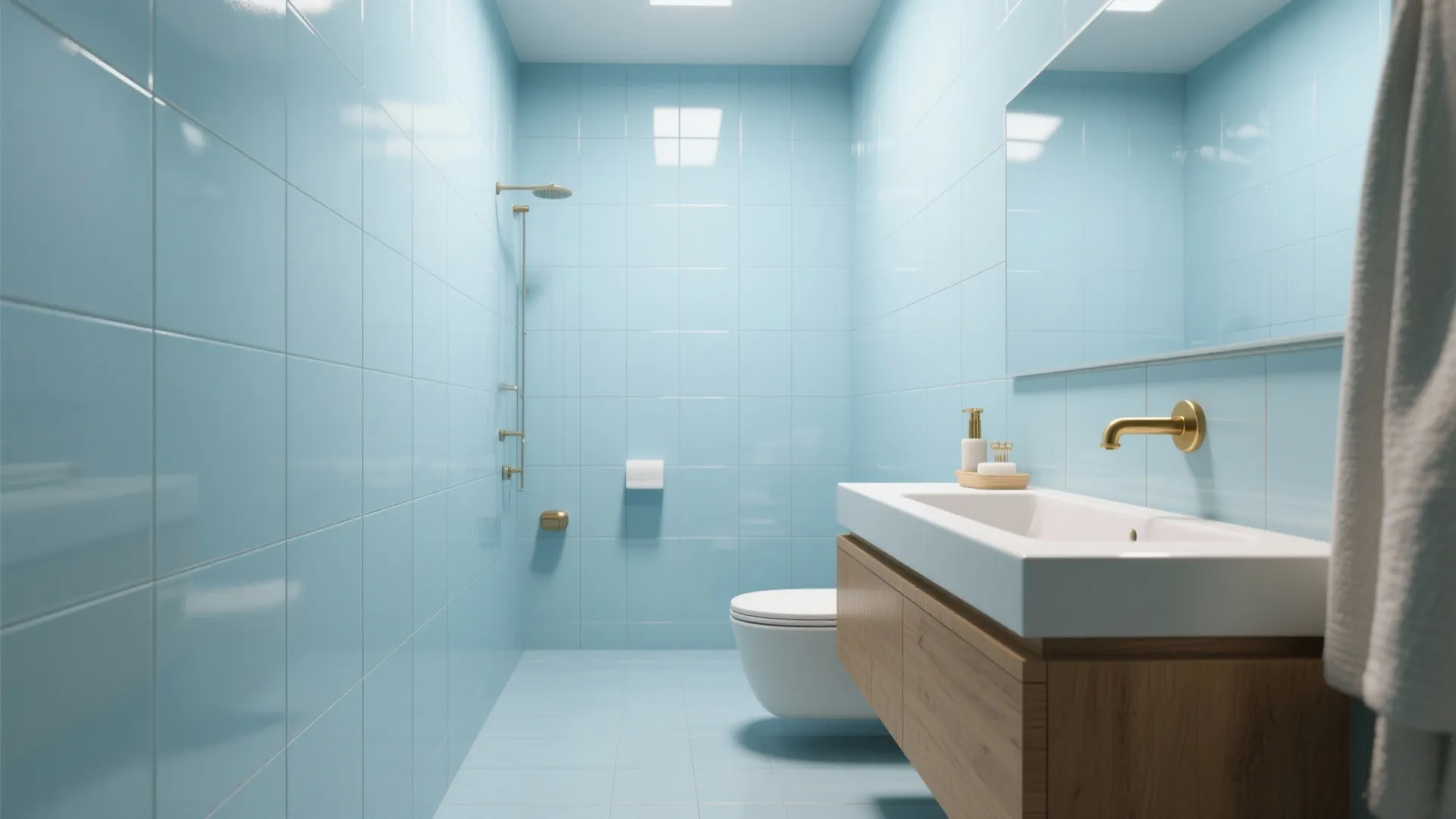 Compact bathroom with pale sky-blue tiles, wood vanity and brass accents