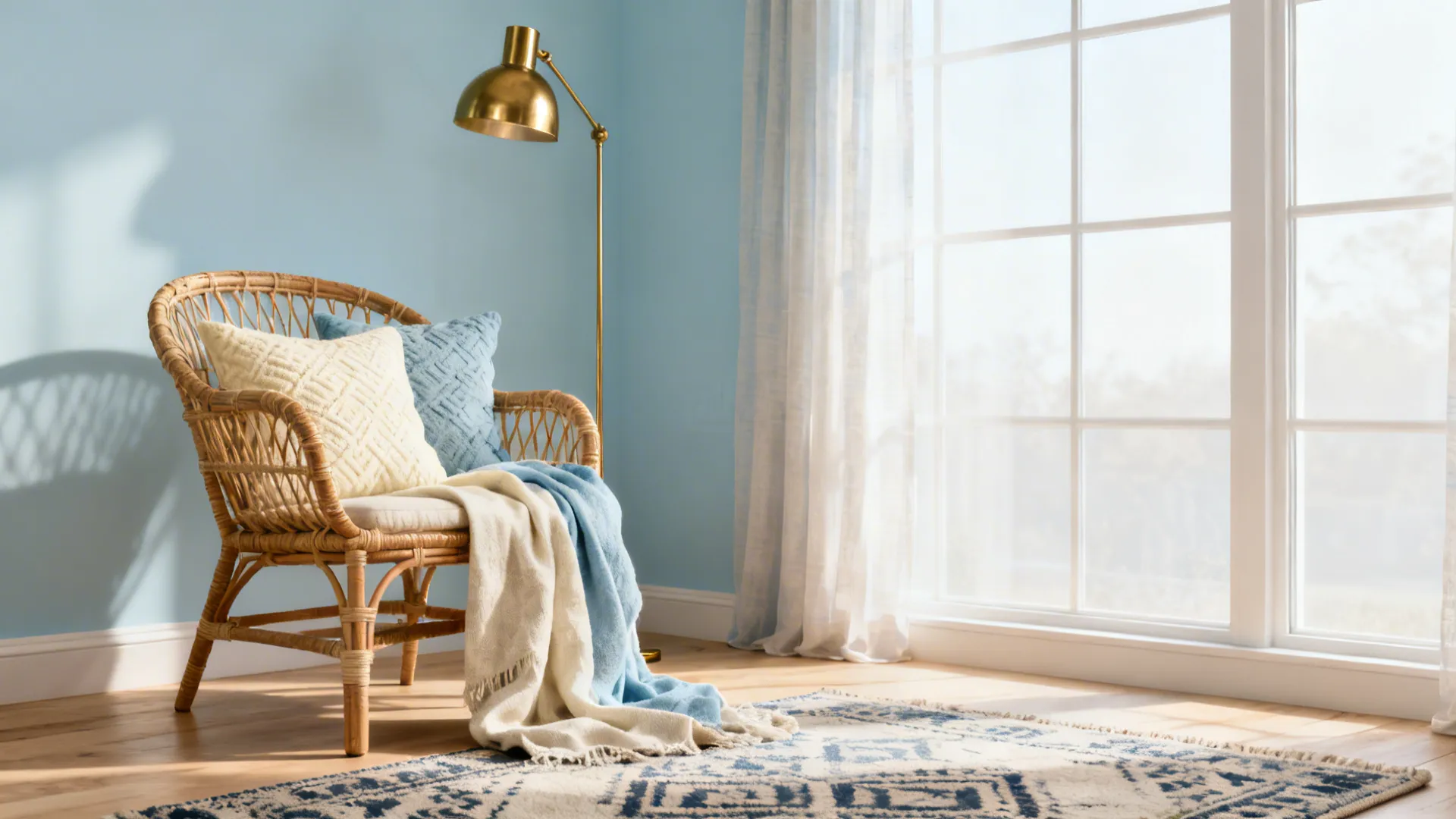 Small living room with pale sky blue walls, rattan chair, warm wood floor and brass accents.