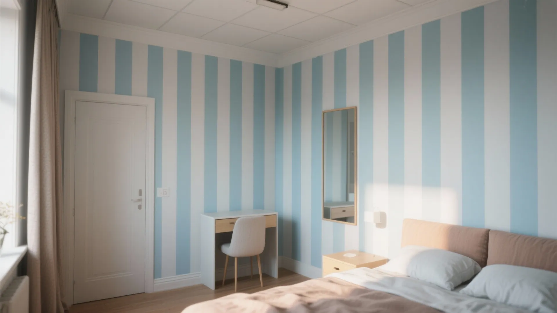 Low-ceiling bedroom with narrow pale blue and white vertical striped wallpaper and minimalist furniture