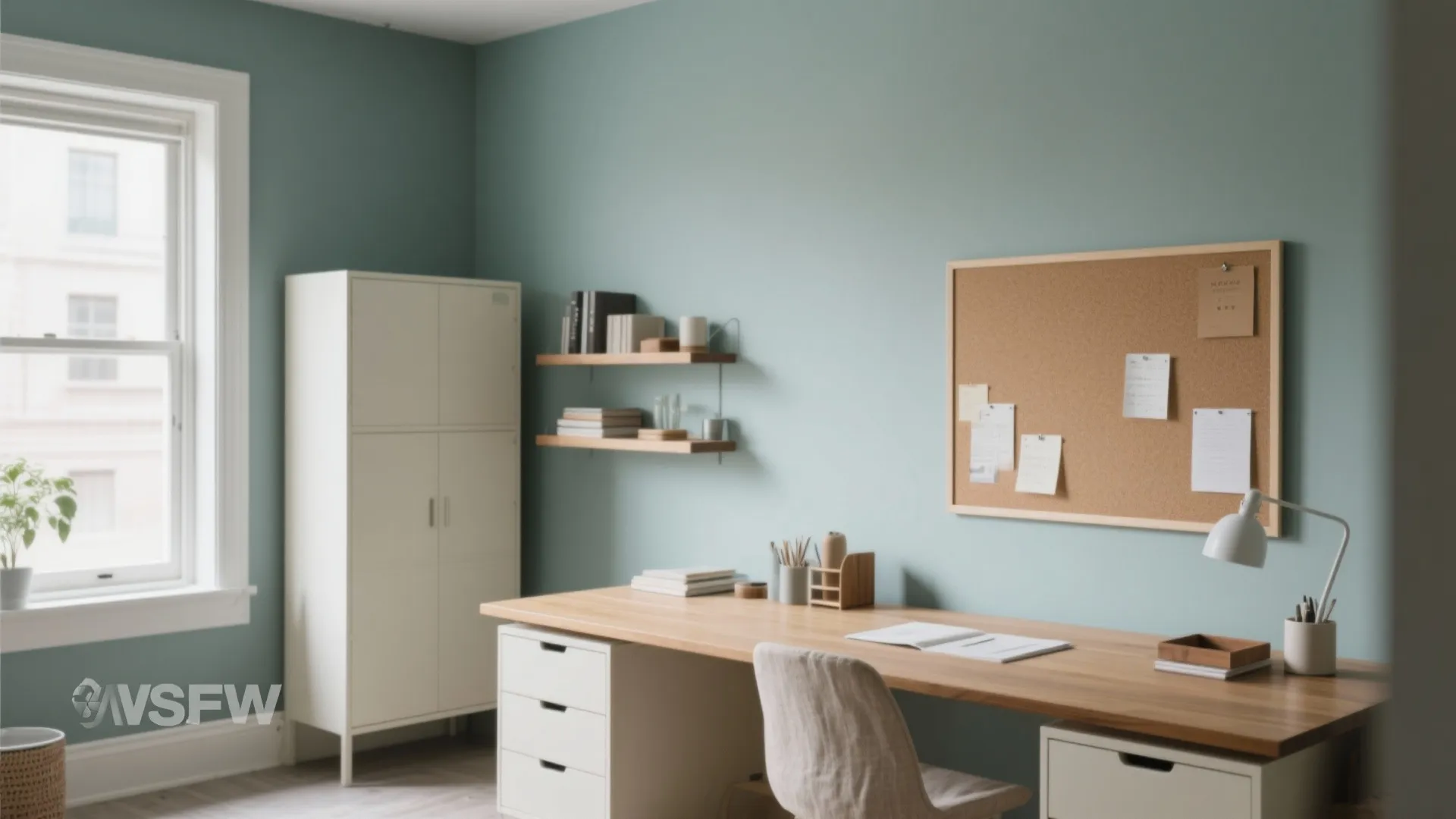Modern home office with pale teal walls wooden desk white cabinet cork board and natural light