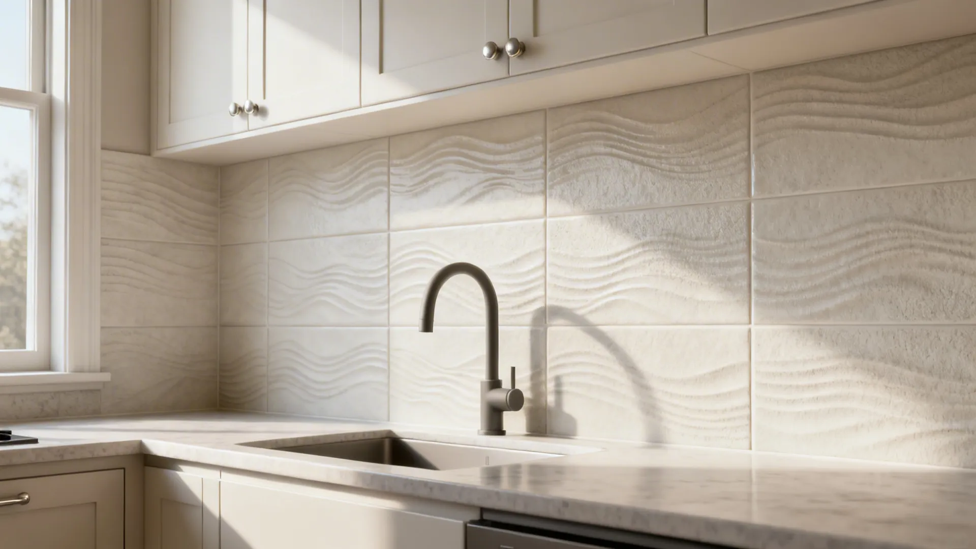 Pale neutral textured ceramic backsplash with linen-like pattern and satin hardware.