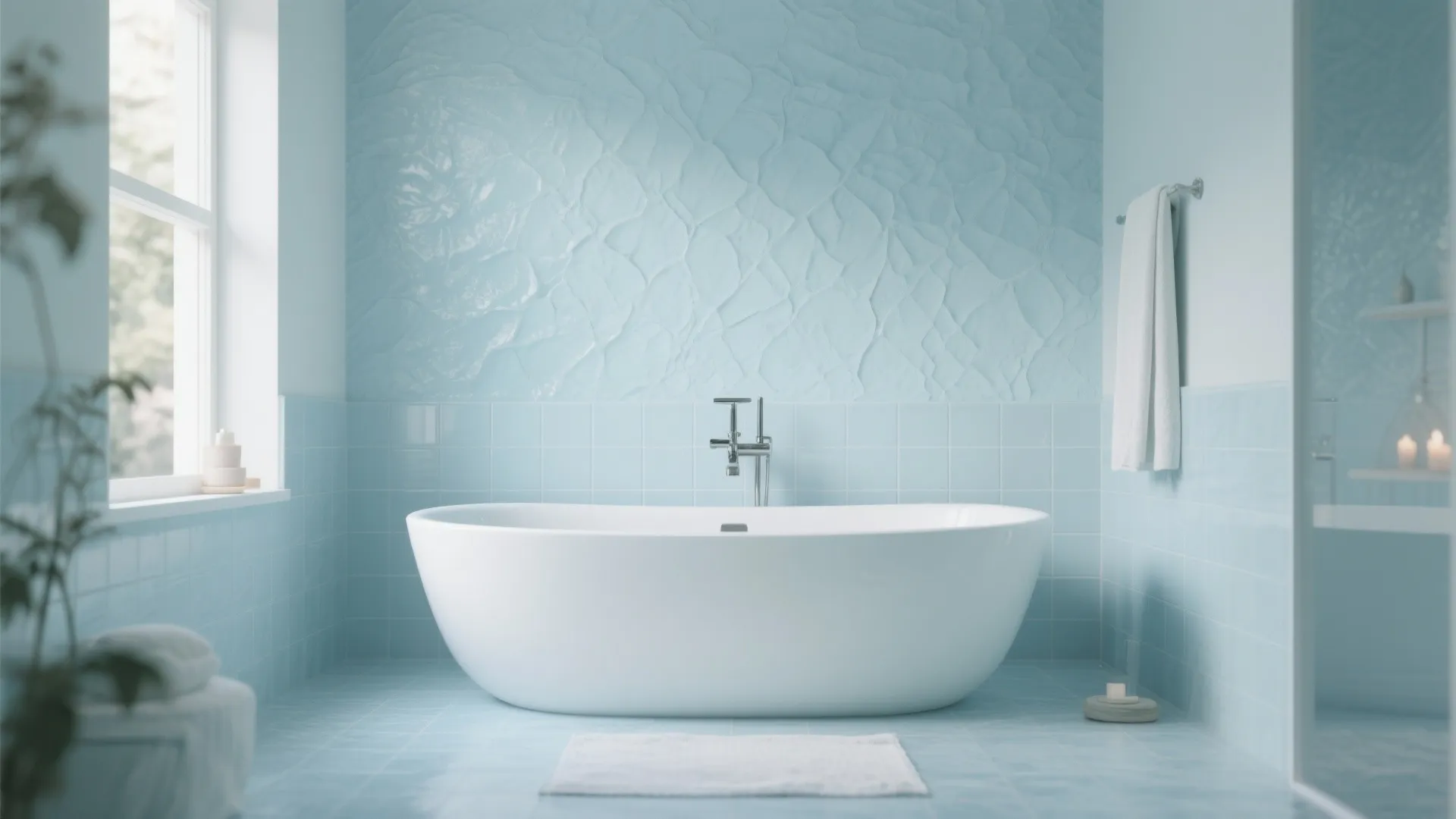 Pale blue textured accent wall