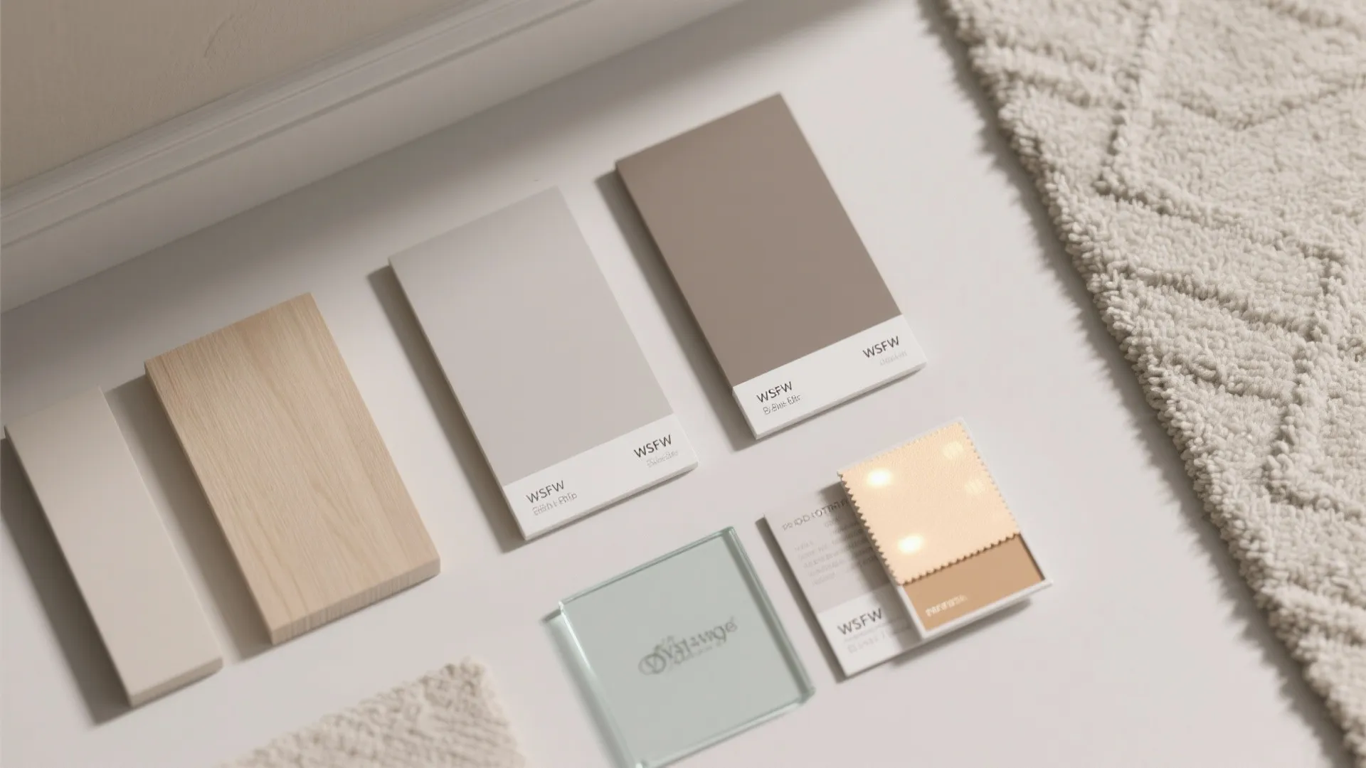 Interior design materials showing paint color cards wood samples glass and fabric on a white surface