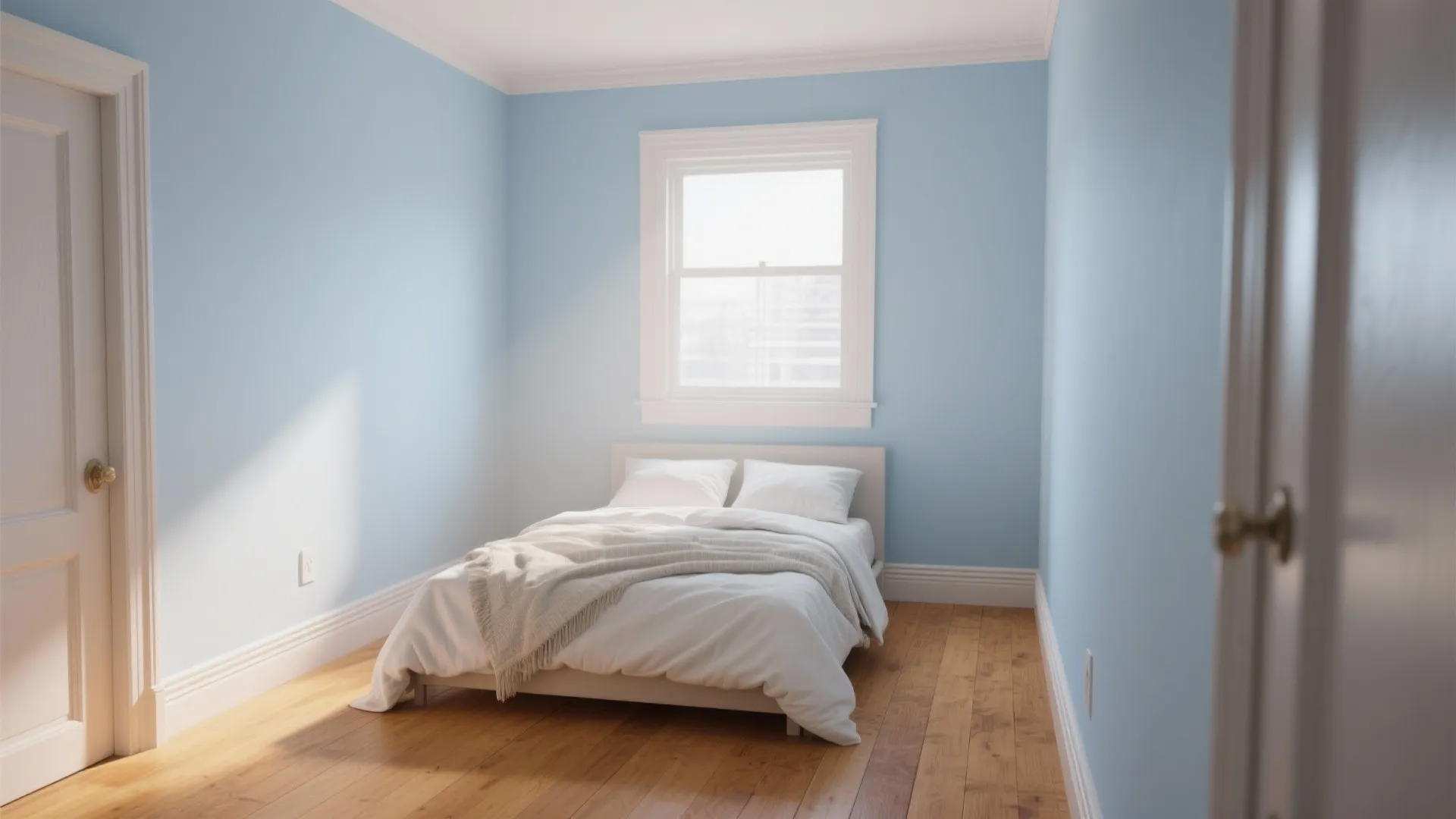 Bright bedroom with pale blue walls white bedding wooden floor natural sunlight and open door
