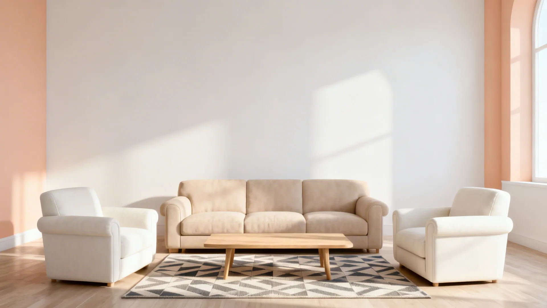Minimalist living room with beige sofa white armchairs wooden coffee table and geometric rug design pattern
