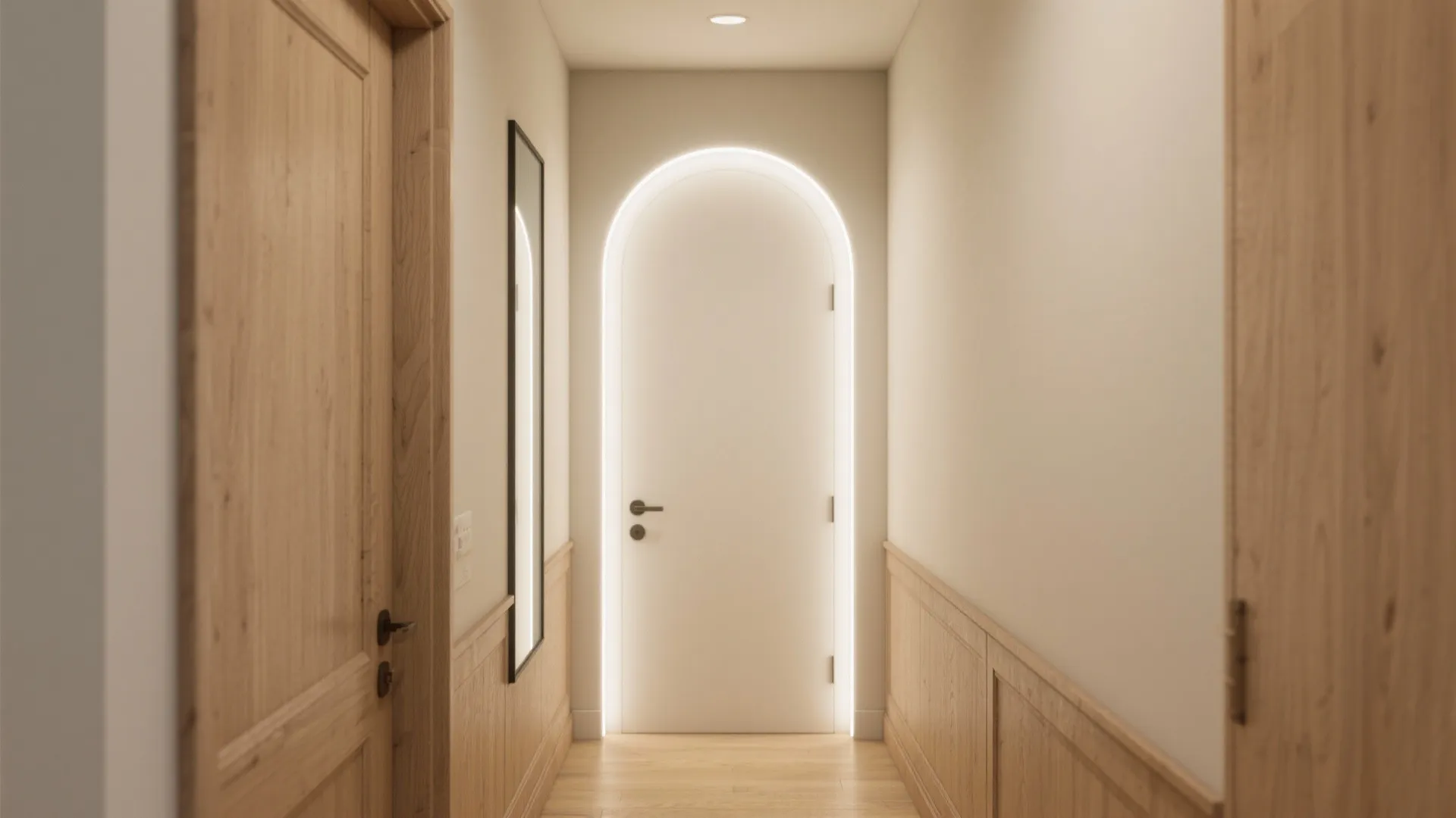 Light-Boosting Wood Details: Pale Tones, Glass, and Backlit Arches