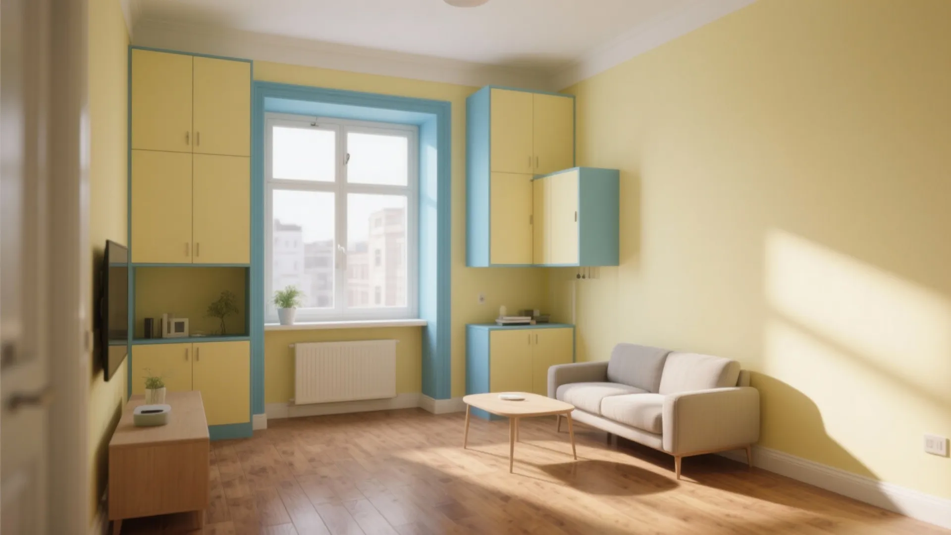 2. Sunlit Walls: Pale Yellow with Blue Trim