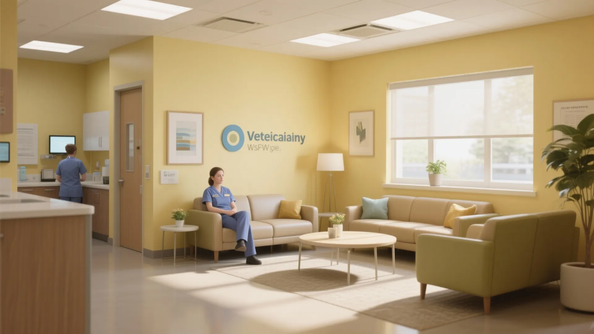 Staff lounge with pale yellow walls and natural light