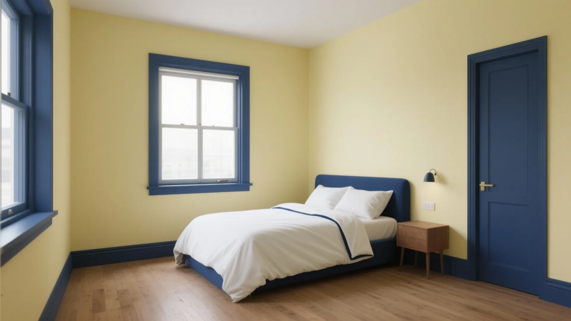 4. Pale Yellow Walls with Navy Trim