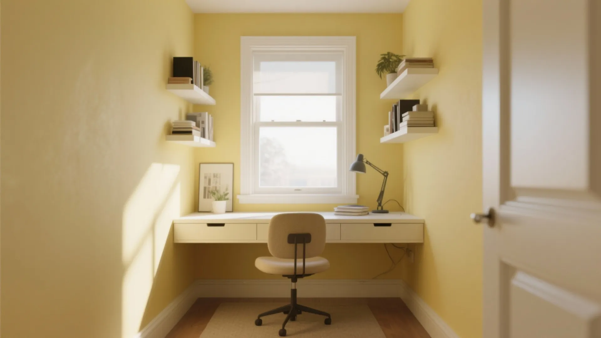 Small home office with pale yellow walls white desk chair window and floating shelves books