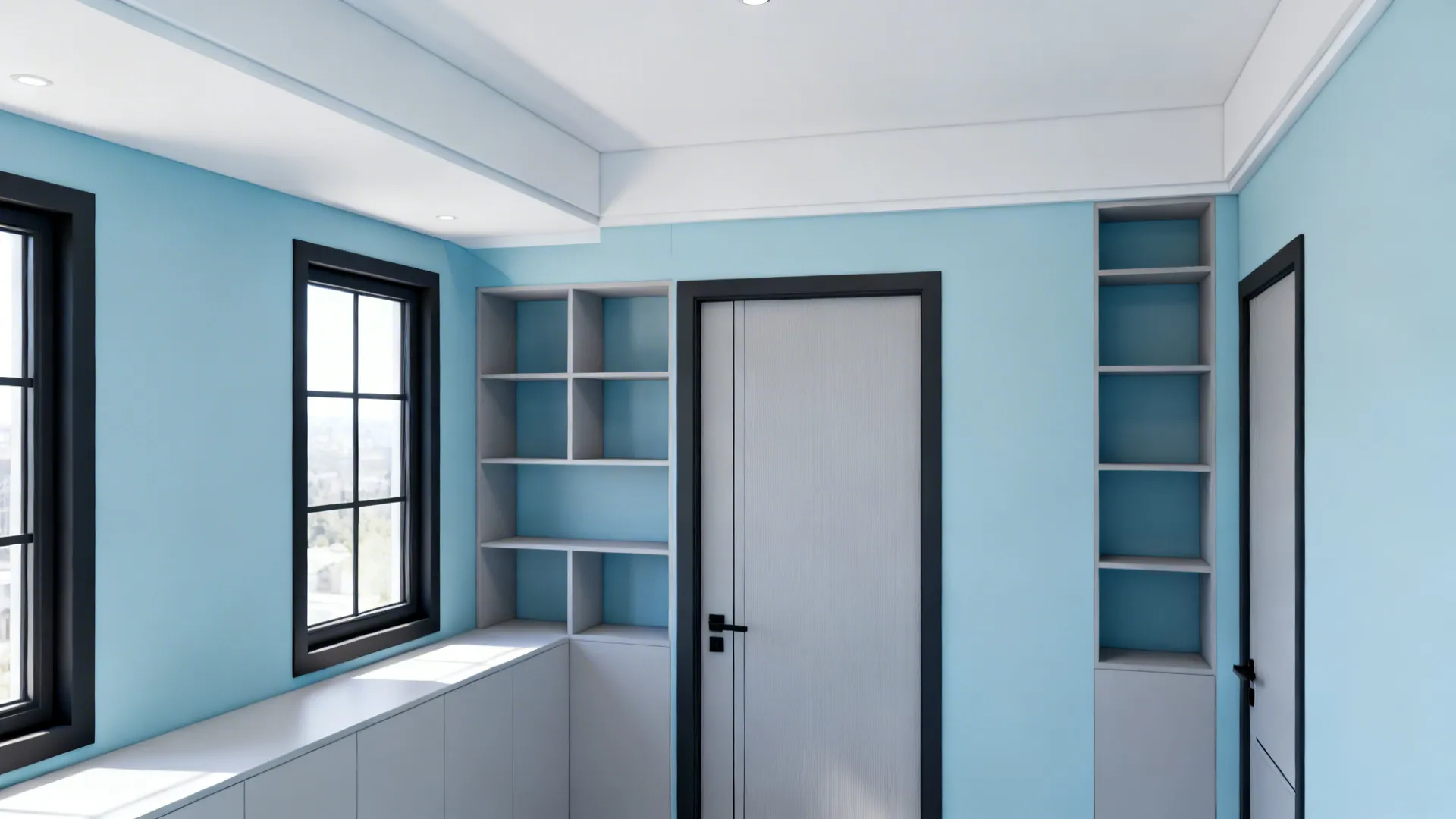 Small living room with pale blue walls and charcoal trim creating modern contrast